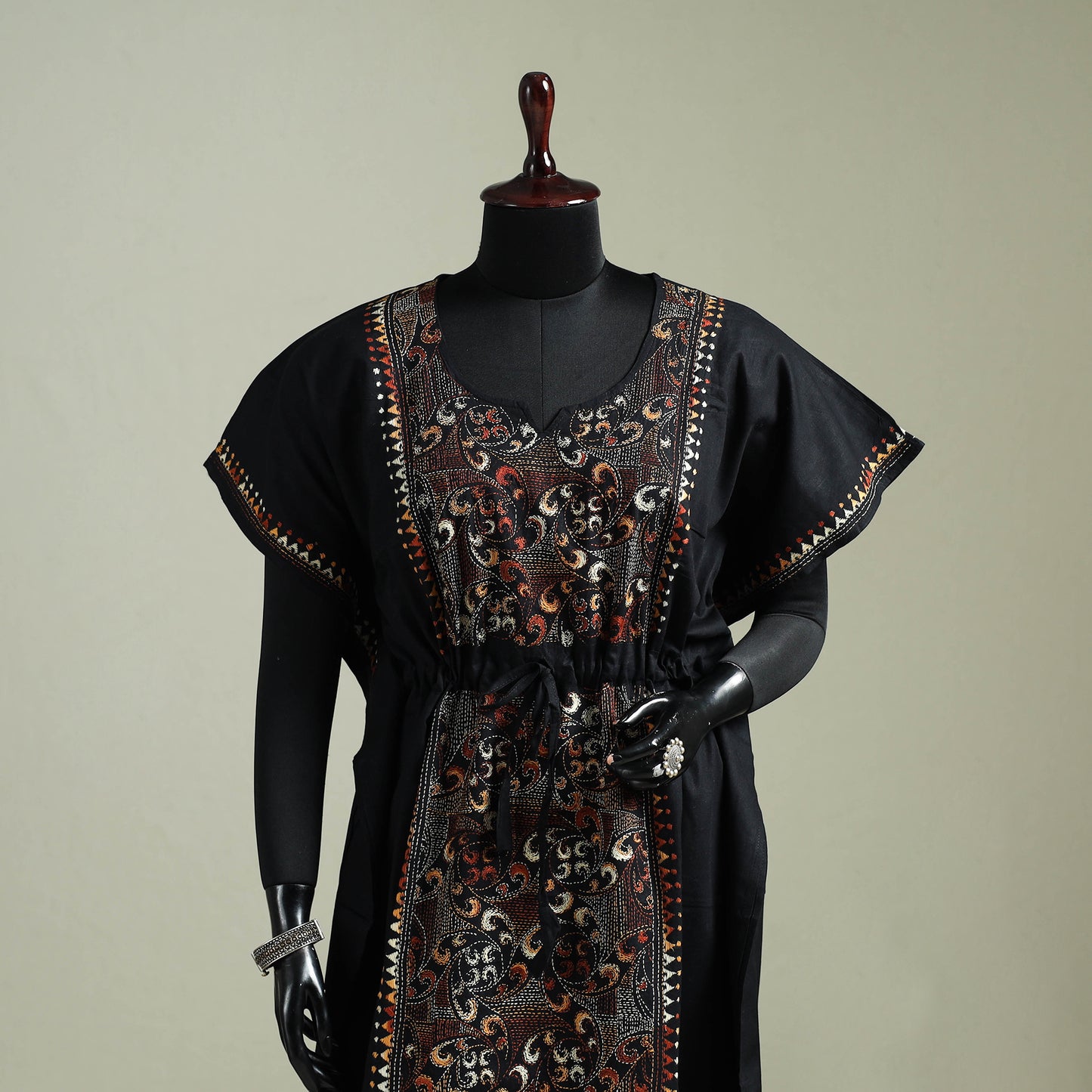Black - Bengal Kantha Hand Embroidery Cotton Long Kaftan 20