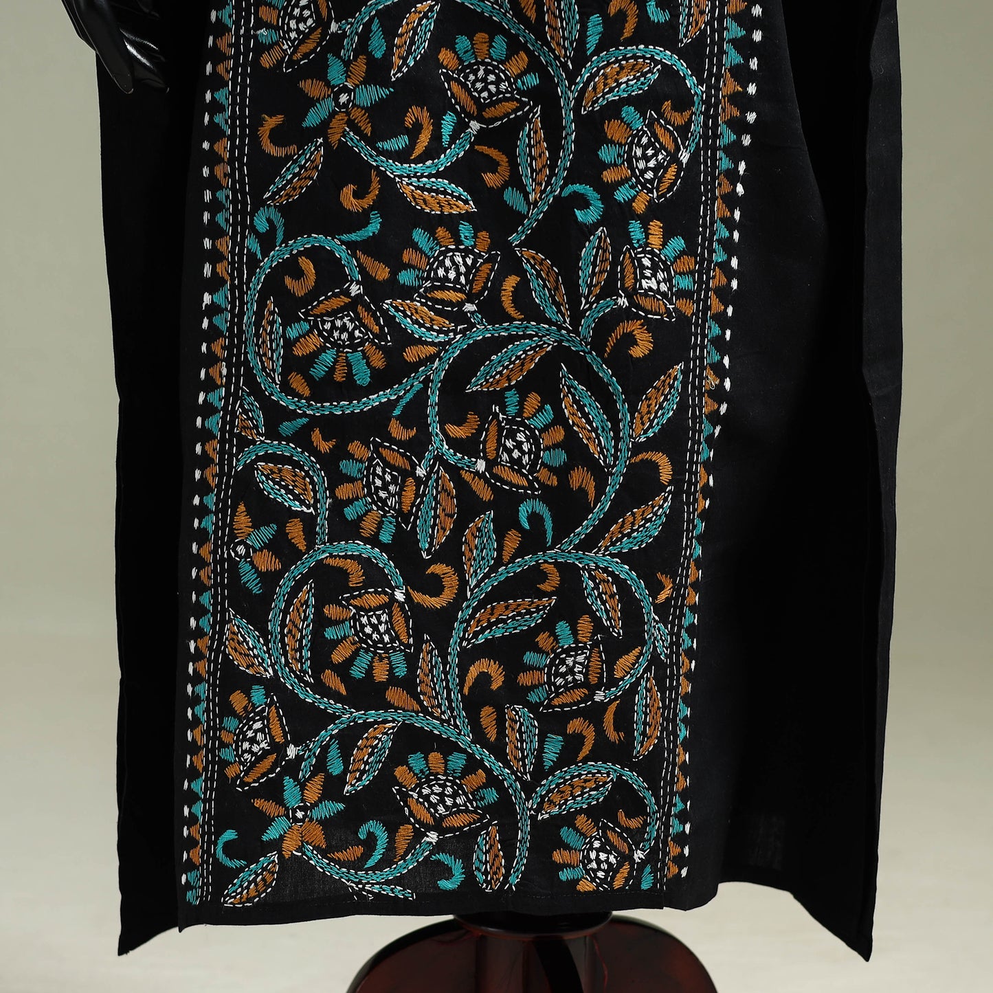 Black - Bengal Kantha Hand Embroidery Cotton Long Kaftan 22