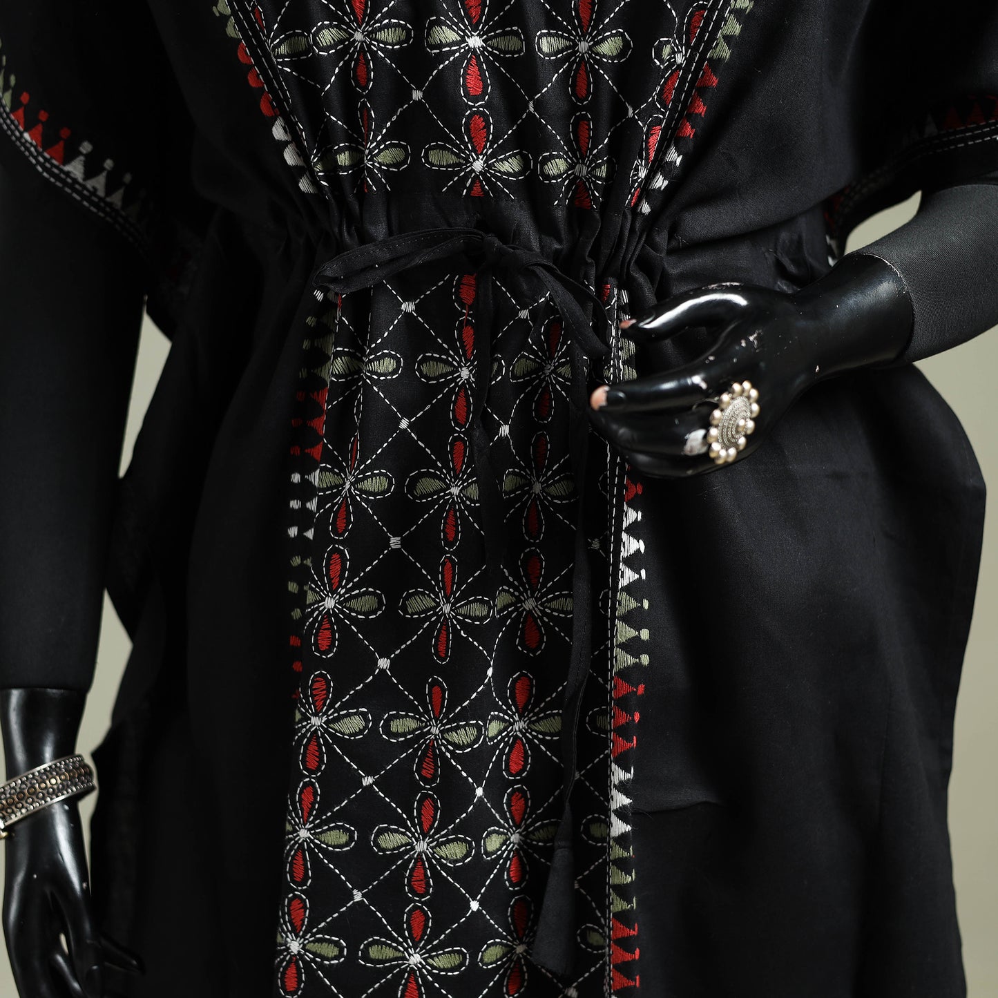 Black - Bengal Kantha Hand Embroidery Cotton Long Kaftan 27