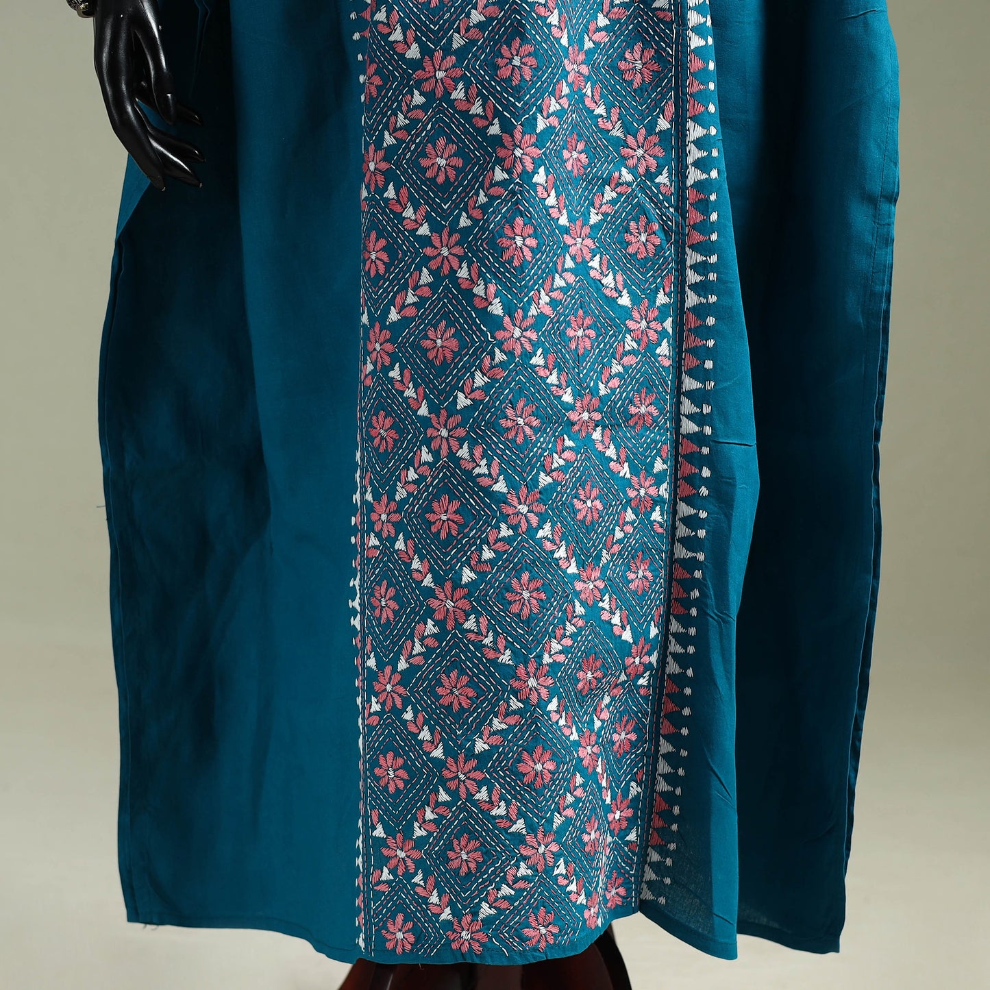 Blue - Bengal Kantha Hand Embroidery Cotton Long Kaftan 29