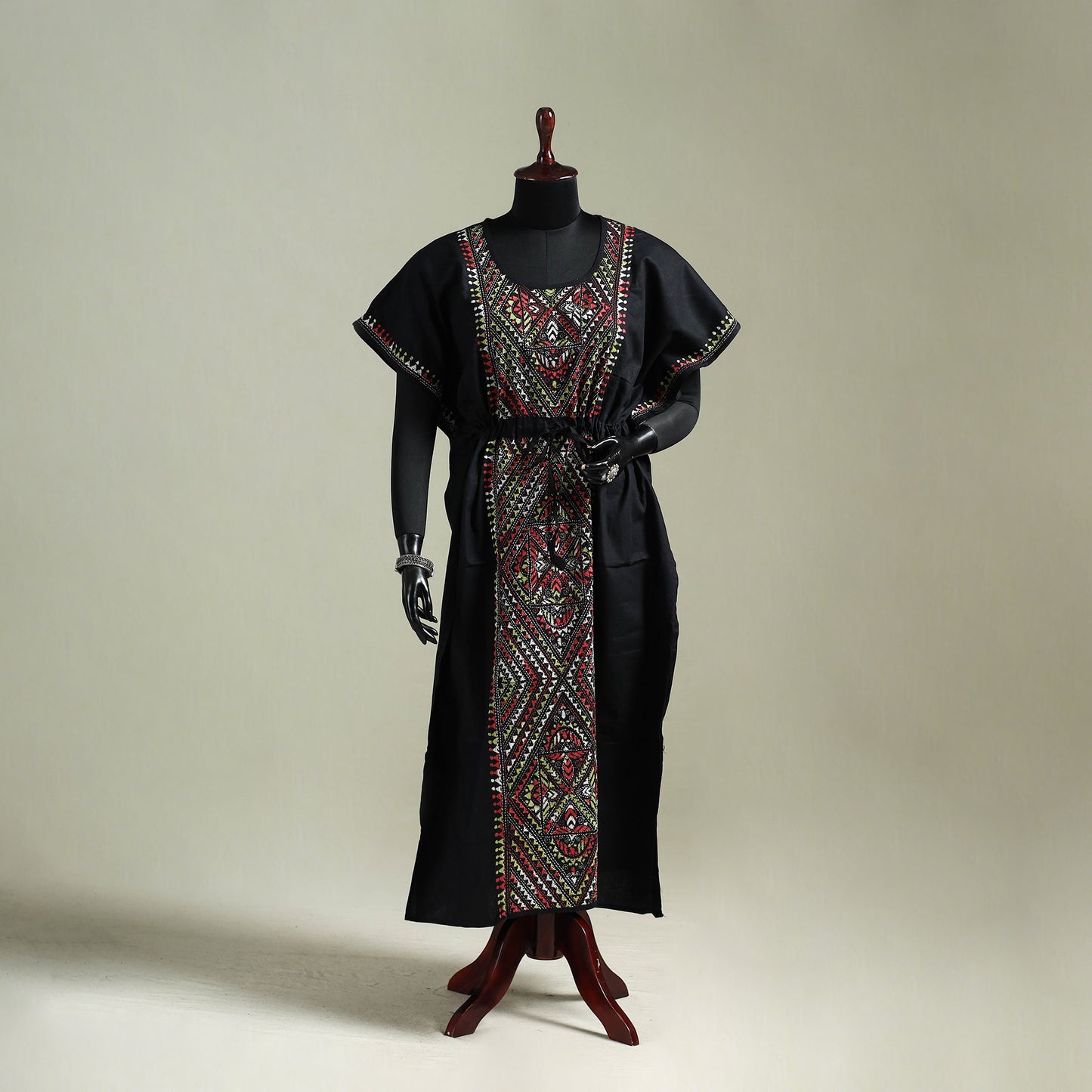 Black - Bengal Kantha Hand Embroidery Cotton Long Kaftan 30