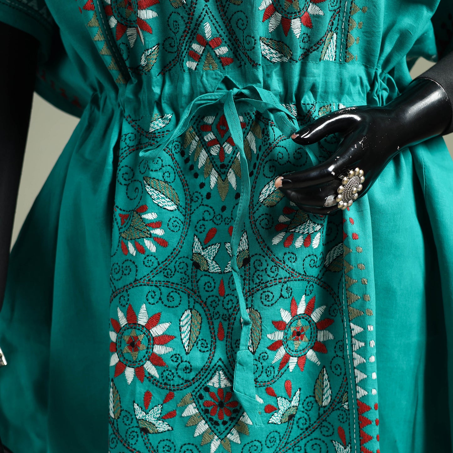 Green - Bengal Kantha Hand Embroidery Cotton Long Kaftan 32