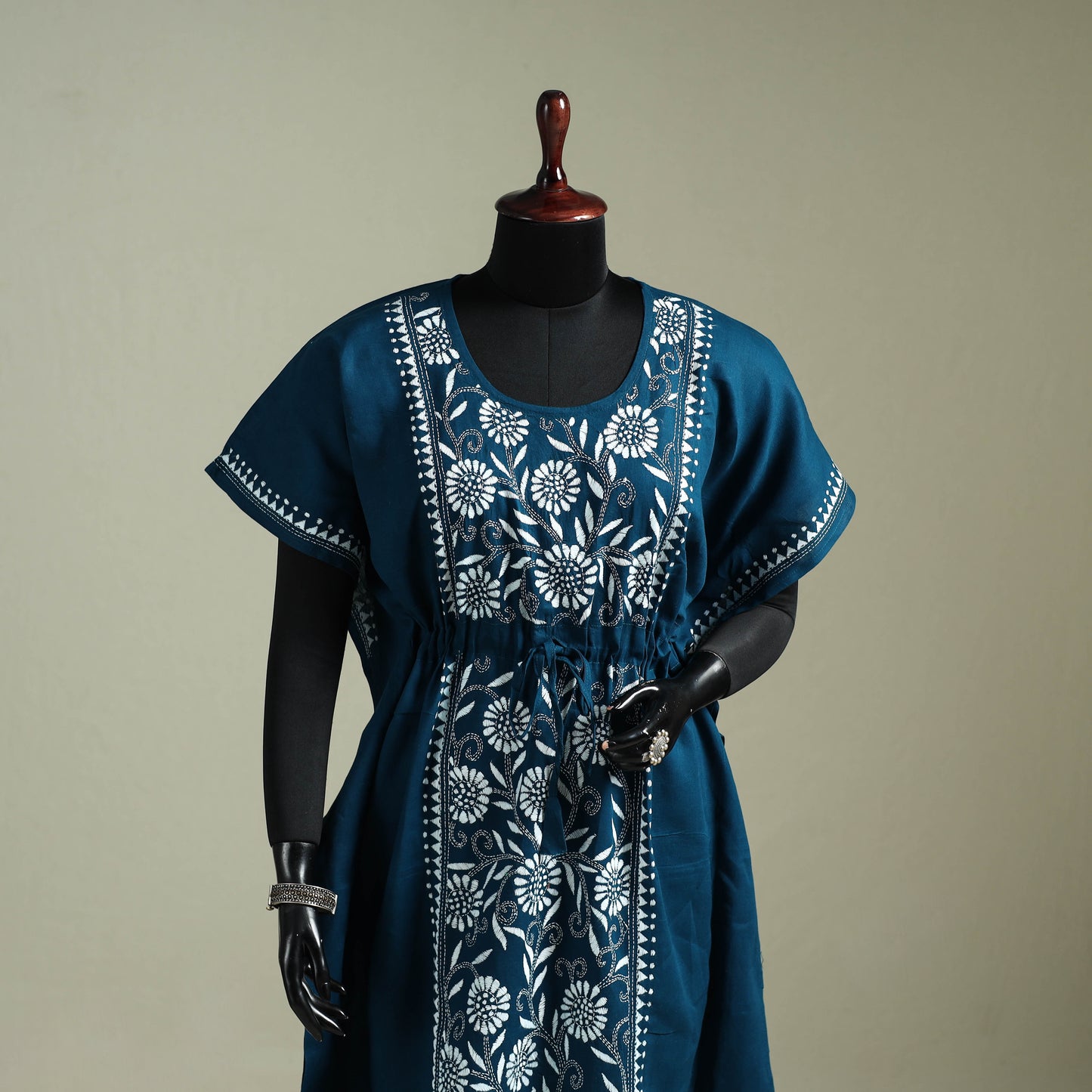Blue - Bengal Kantha Hand Embroidery Cotton Long Kaftan 36