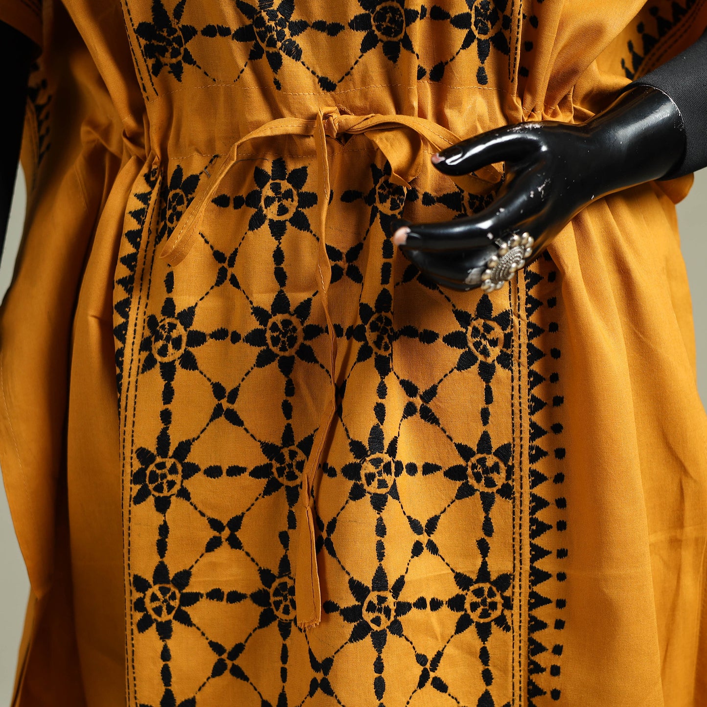 Yellow - Bengal Kantha Hand Embroidery Cotton Long Kaftan 37