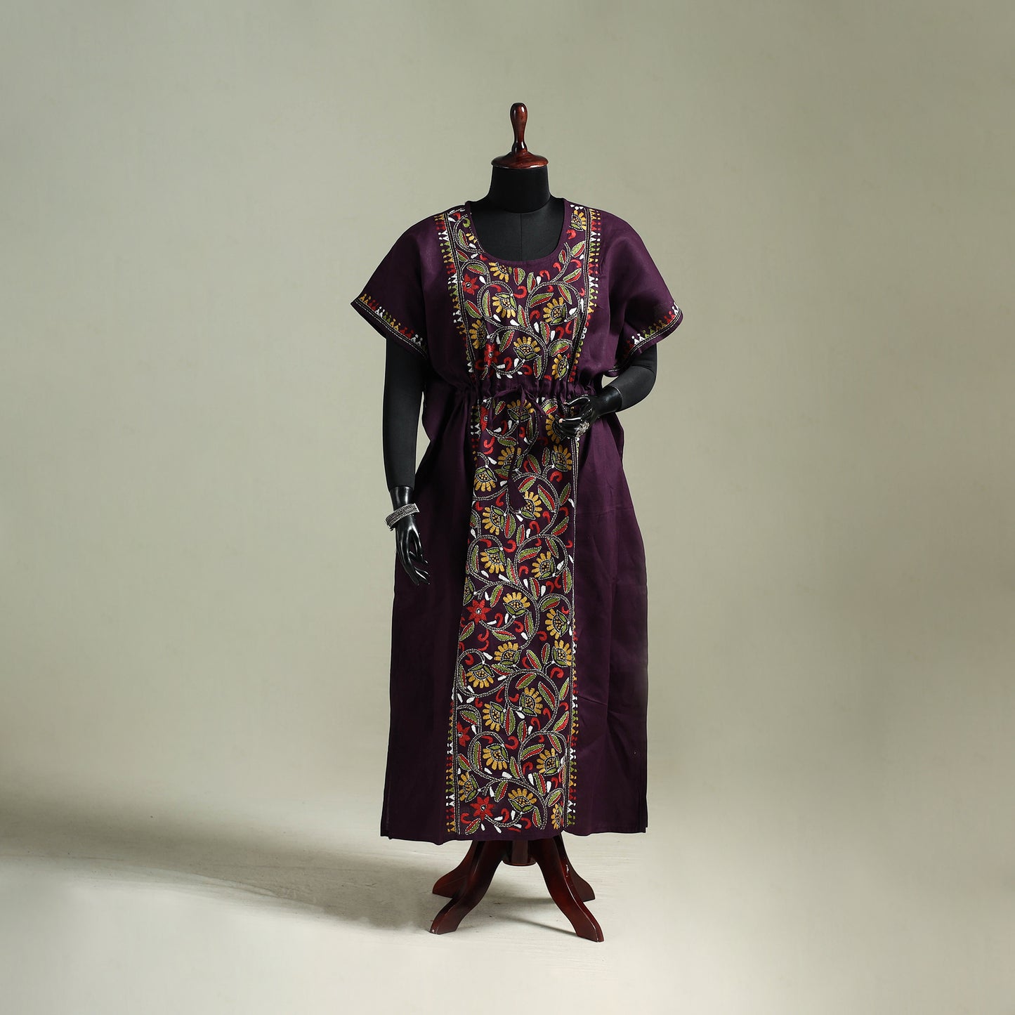 Purple - Bengal Kantha Hand Embroidery Cotton Long Kaftan 40