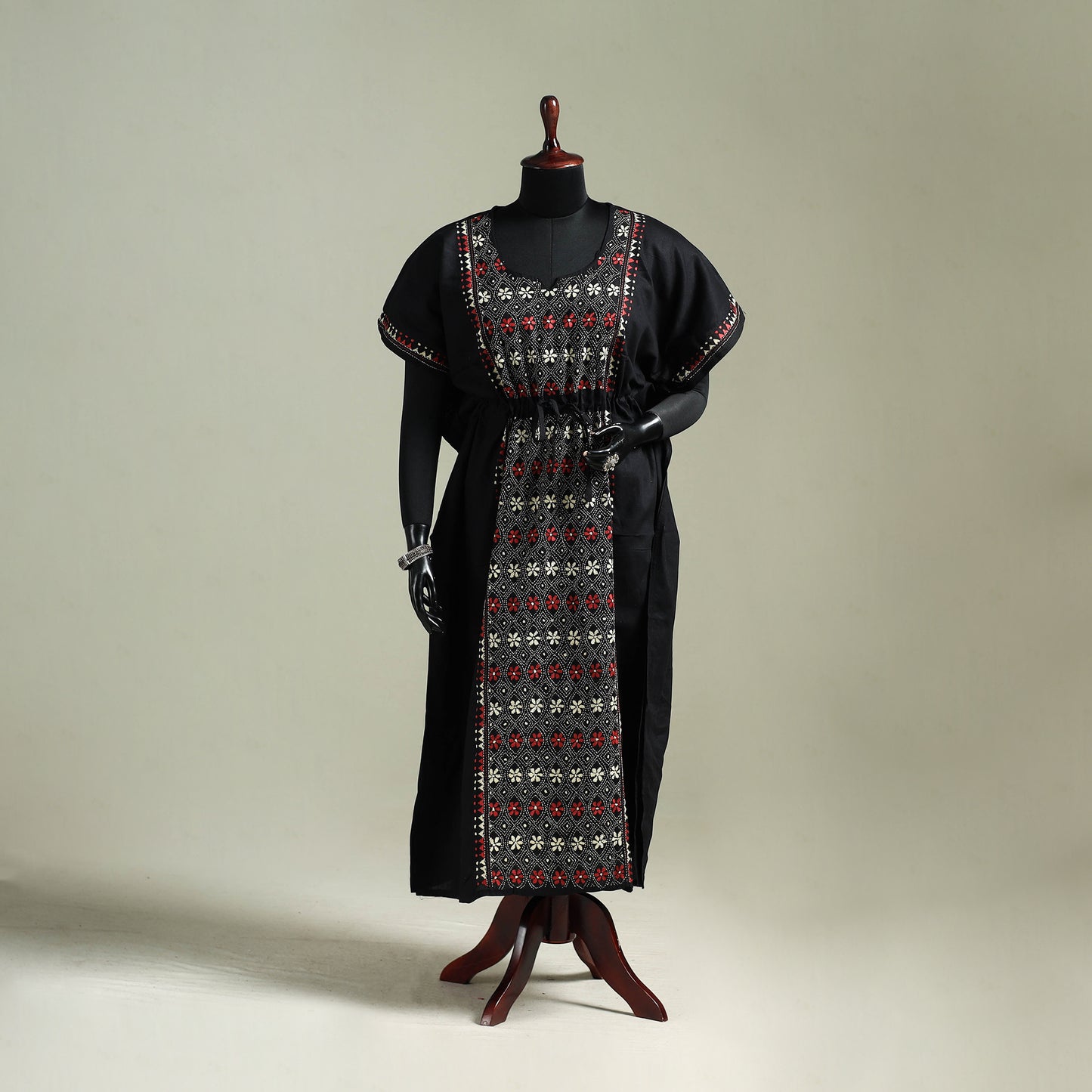 Black - Bengal Kantha Hand Embroidery Cotton Long Kaftan 41