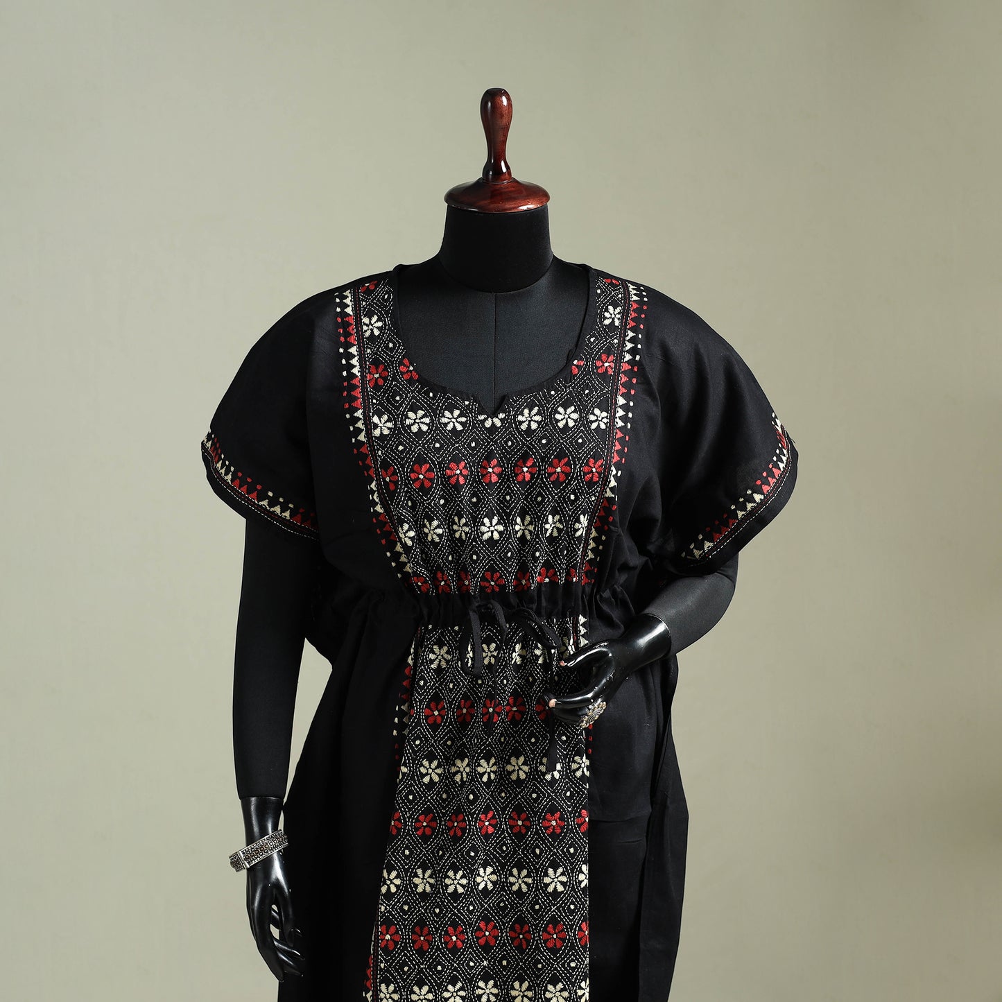 Black - Bengal Kantha Hand Embroidery Cotton Long Kaftan 41