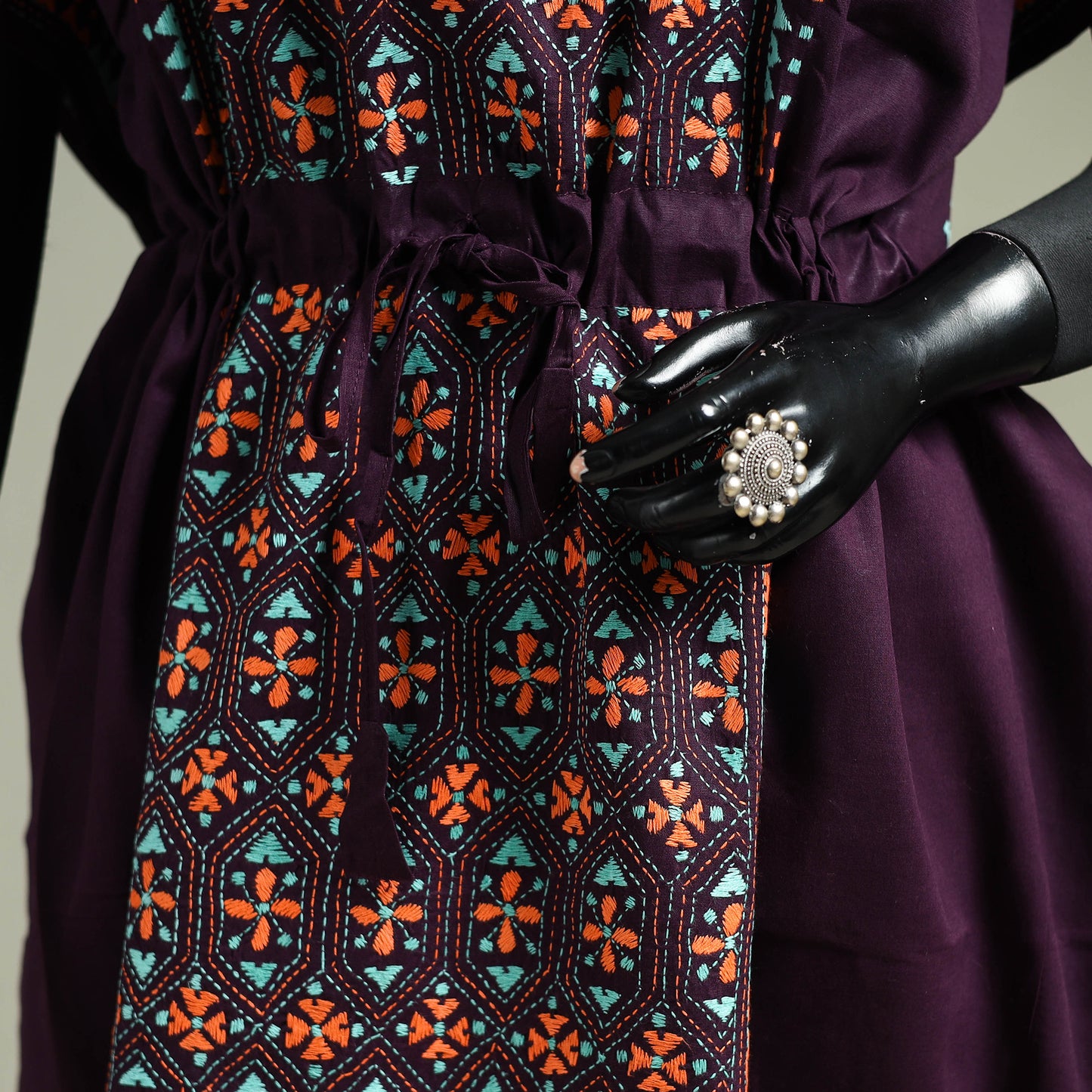 Purple - Bengal Kantha Hand Embroidery Cotton Long Kaftan 43