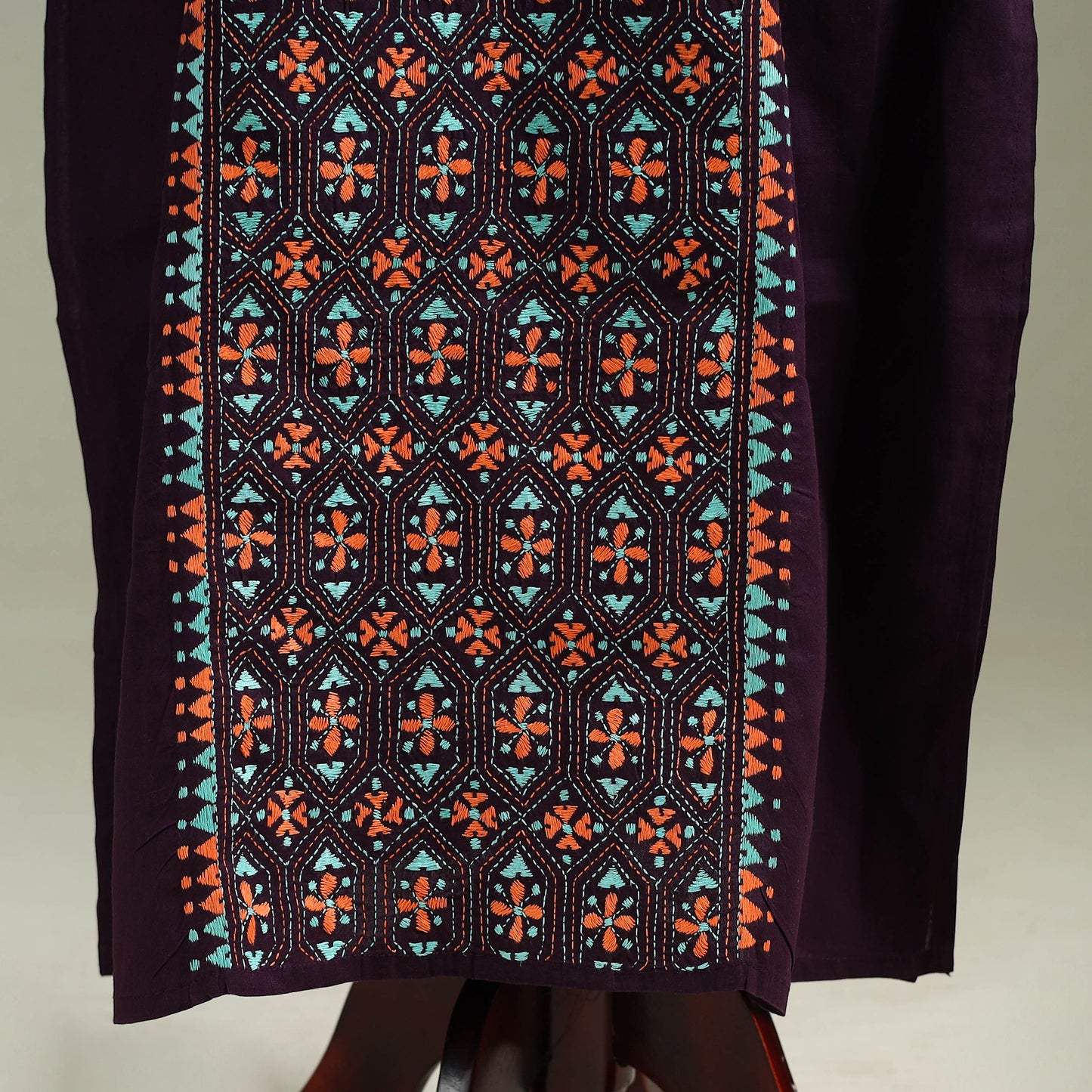 Purple - Bengal Kantha Hand Embroidery Cotton Long Kaftan 43