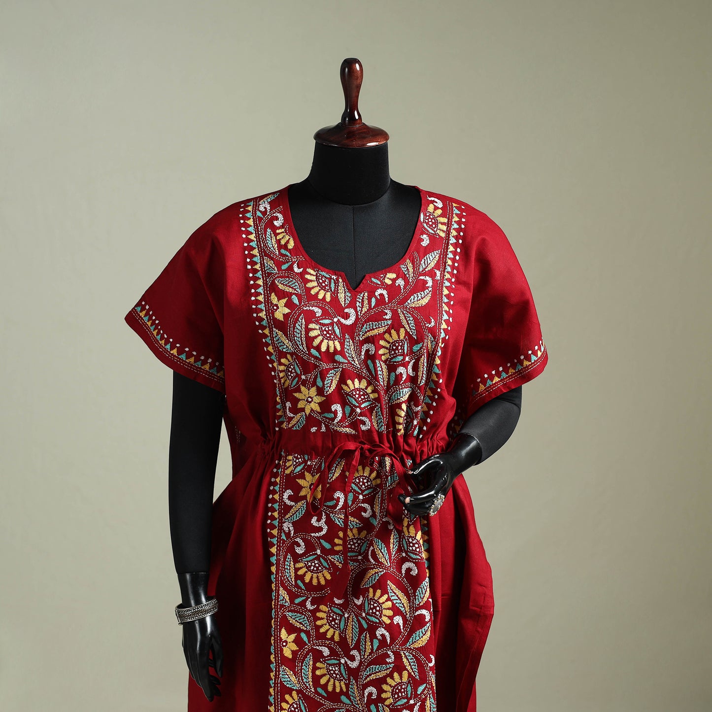 Red - Bengal Kantha Hand Embroidery Cotton Long Kaftan 45