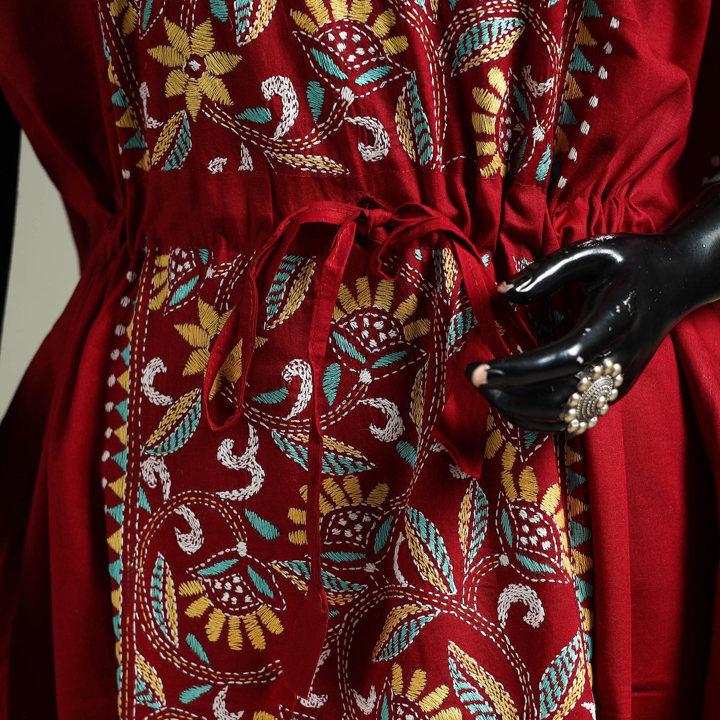 Red - Bengal Kantha Hand Embroidery Cotton Long Kaftan 45