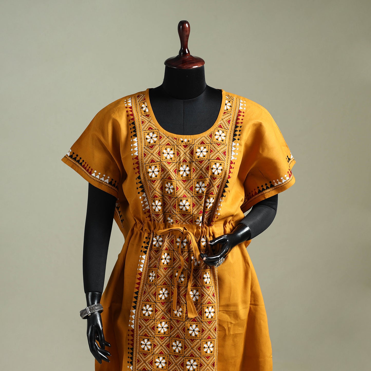 Yellow - Bengal Kantha Hand Embroidery Cotton Long Kaftan 46