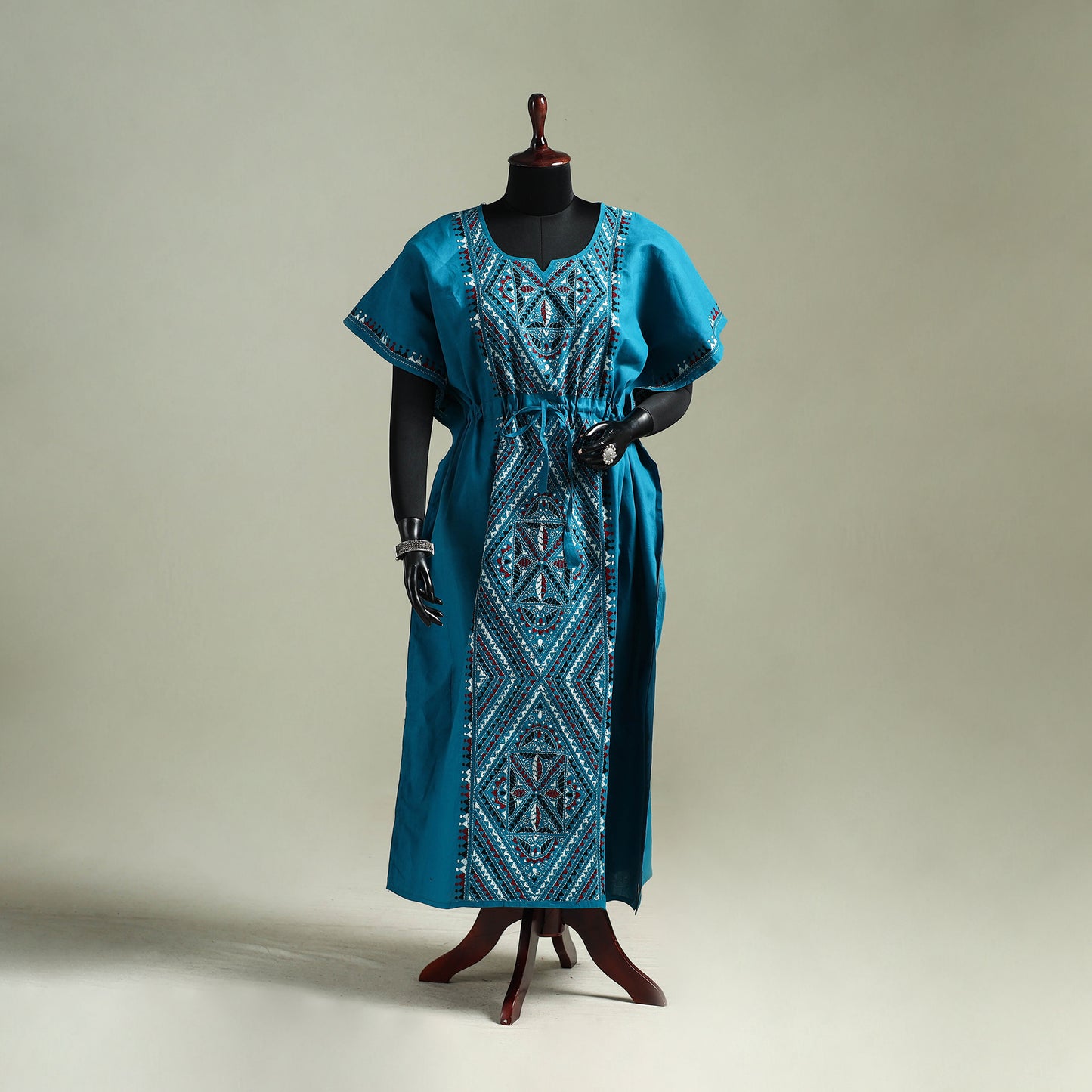 Blue - Bengal Kantha Hand Embroidery Cotton Long Kaftan 48