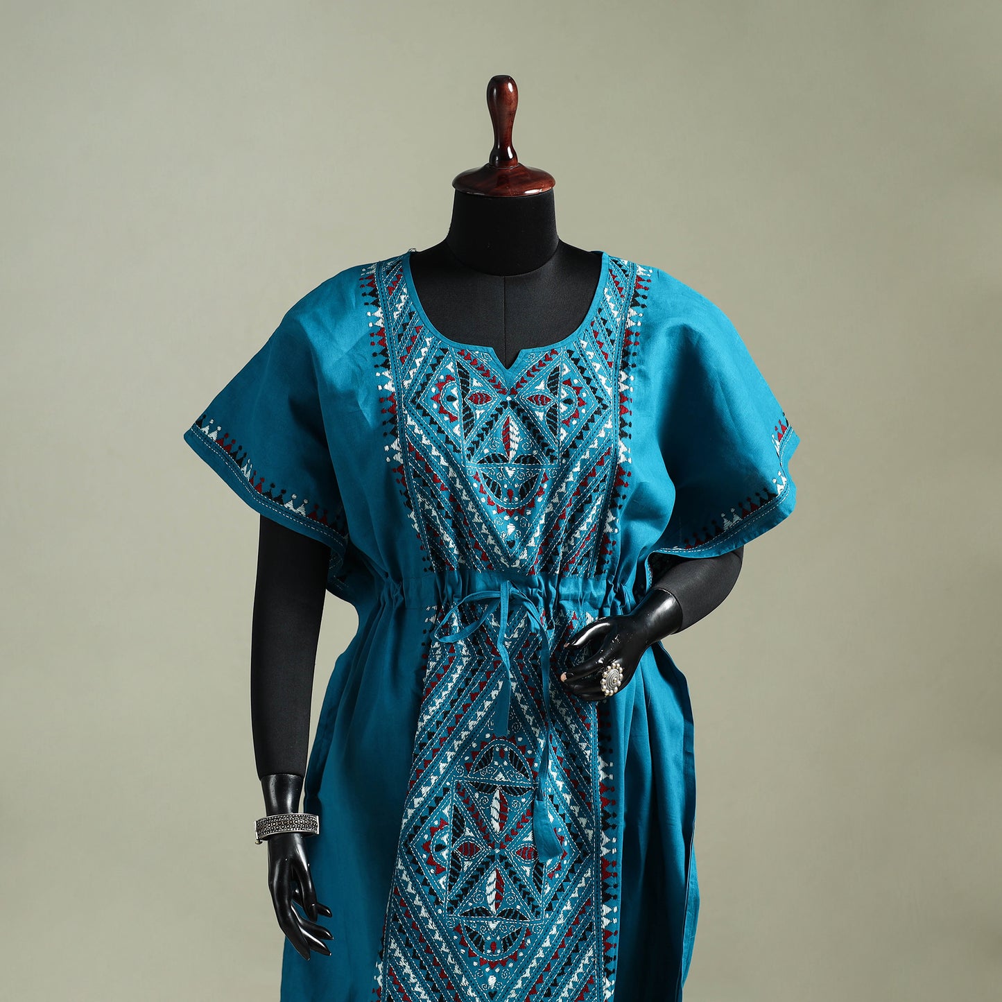 Blue - Bengal Kantha Hand Embroidery Cotton Long Kaftan 48