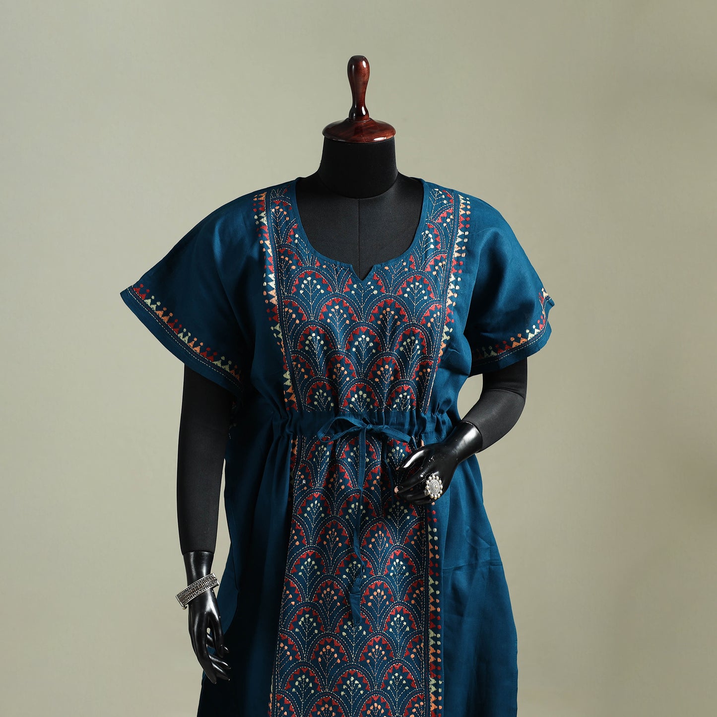 Blue - Bengal Kantha Hand Embroidery Cotton Long Kaftan 49