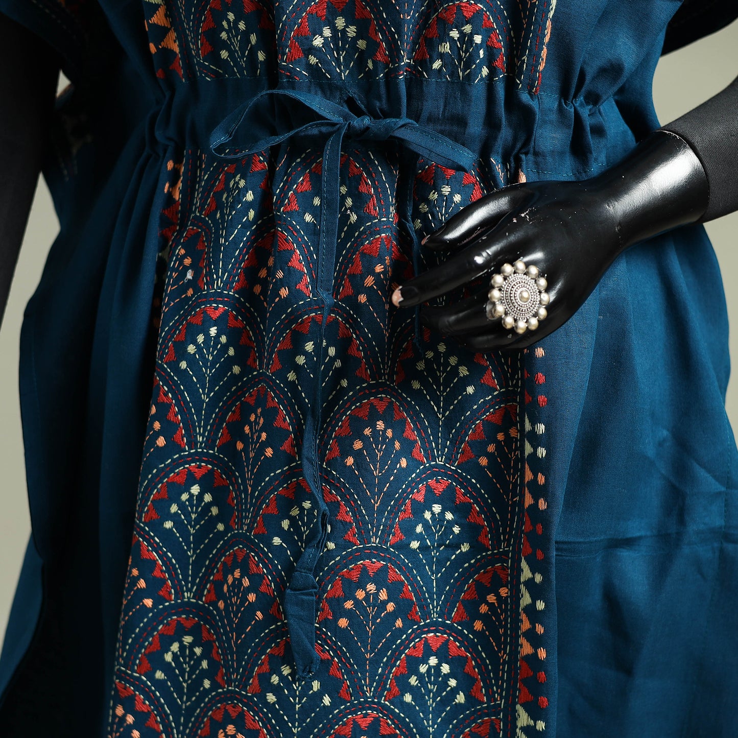 Blue - Bengal Kantha Hand Embroidery Cotton Long Kaftan 49
