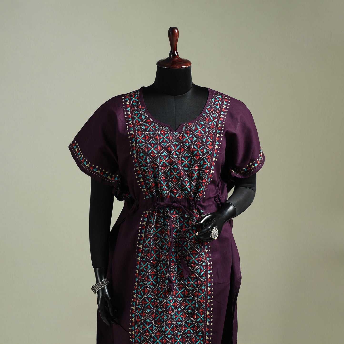 Purple - Bengal Kantha Hand Embroidery Cotton Long Kaftan 53