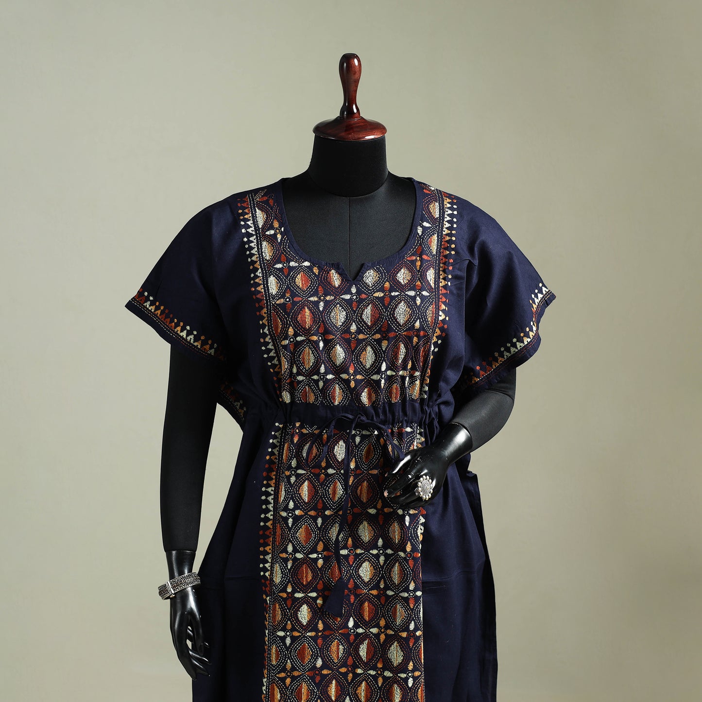Blue - Bengal Kantha Hand Embroidery Cotton Long Kaftan 57