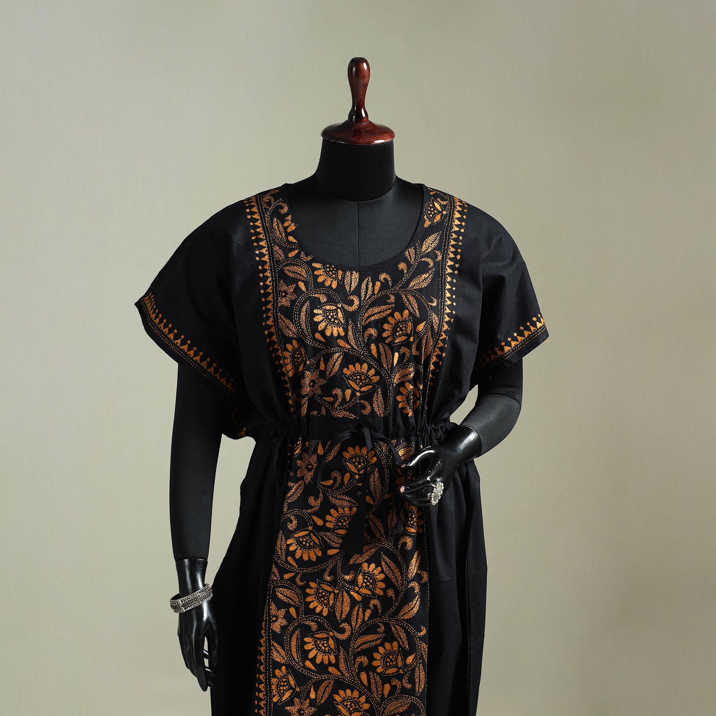 Black - Bengal Kantha Hand Embroidery Cotton Long Kaftan 61