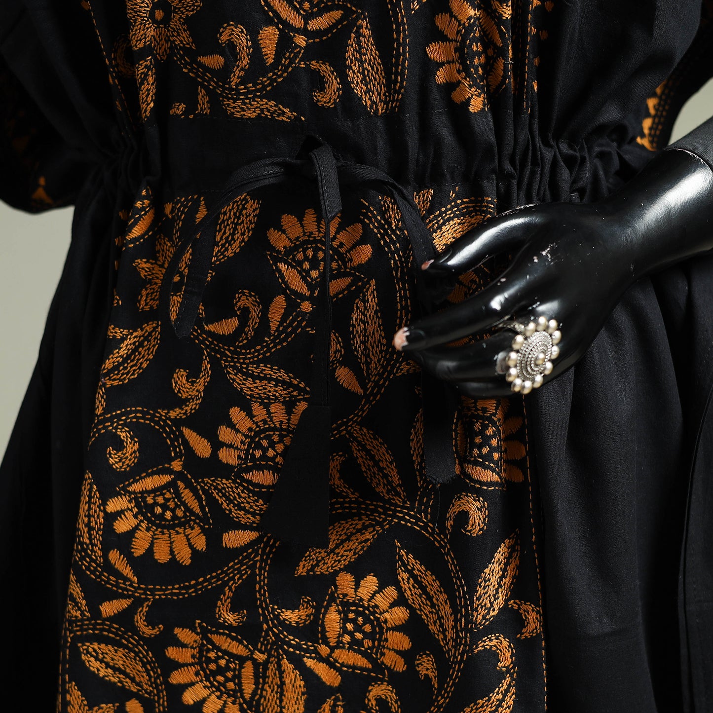 Black - Bengal Kantha Hand Embroidery Cotton Long Kaftan 61