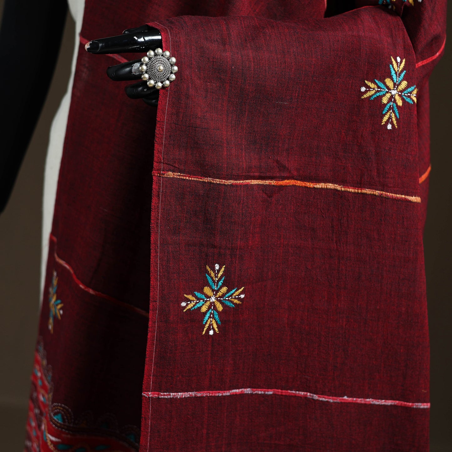 Maroon - Kantha Hand Embroidered Khes Handwoven Cotton Dupatta 02