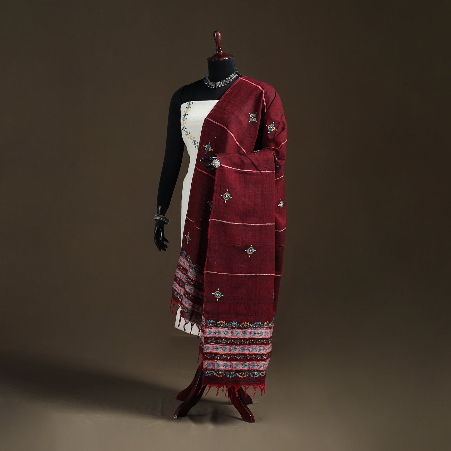 Maroon - Kantha Hand Embroidered Khes Handwoven Cotton Dupatta 03