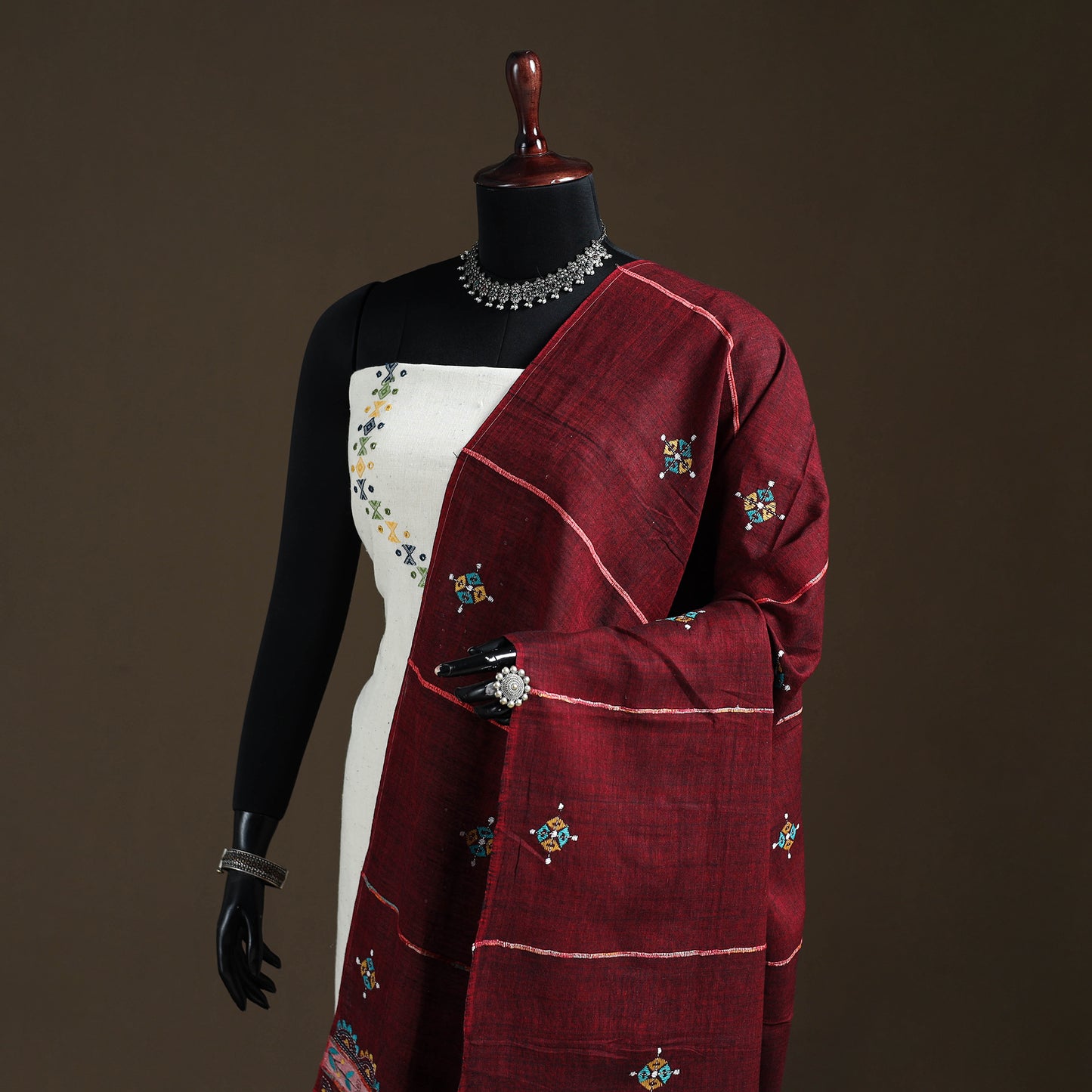 Maroon - Kantha Hand Embroidered Khes Handwoven Cotton Dupatta 03