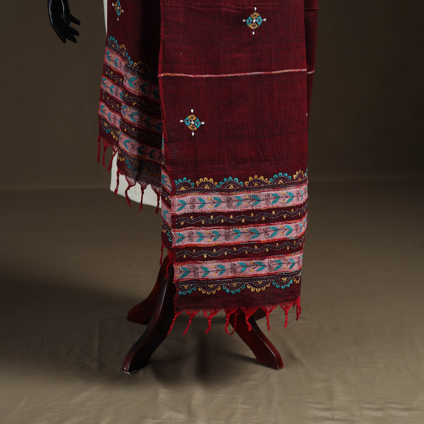 Maroon - Kantha Hand Embroidered Khes Handwoven Cotton Dupatta 03