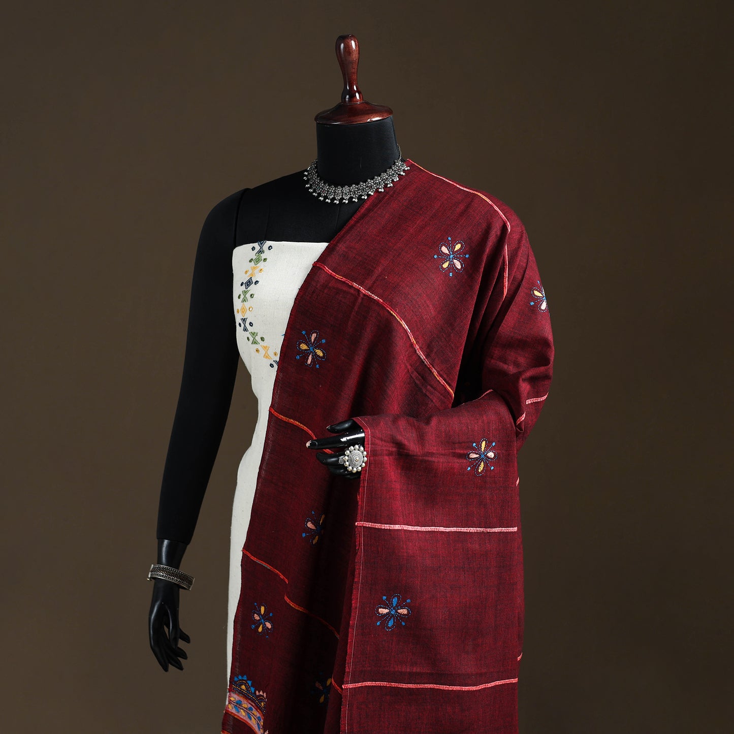 Maroon - Kantha Hand Embroidered Khes Handwoven Cotton Dupatta 04