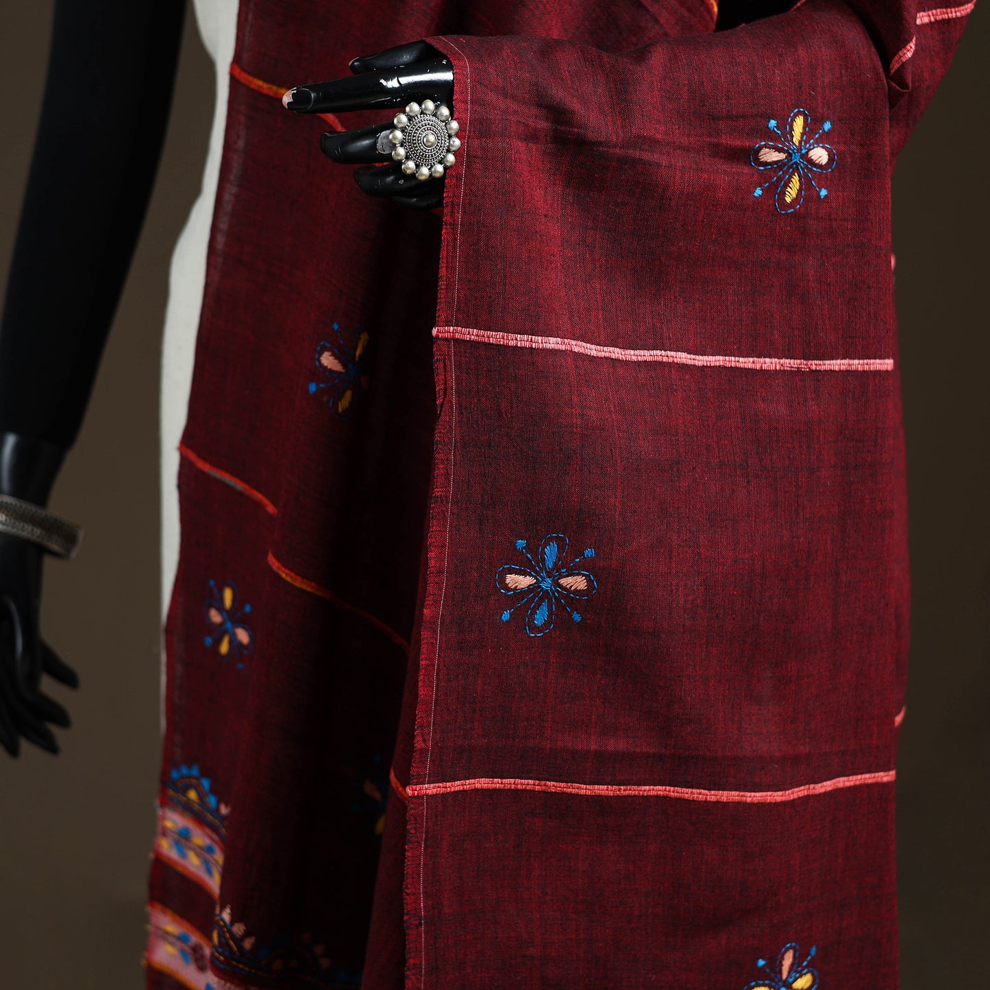 Maroon - Kantha Hand Embroidered Khes Handwoven Cotton Dupatta 04