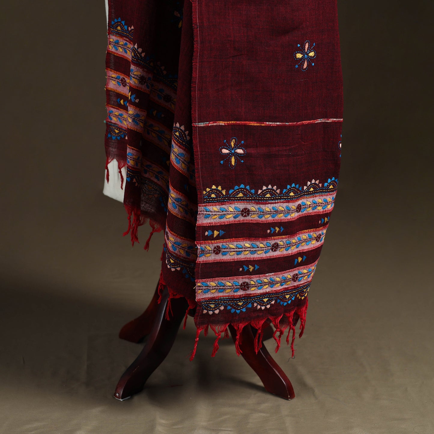Maroon - Kantha Hand Embroidered Khes Handwoven Cotton Dupatta 04