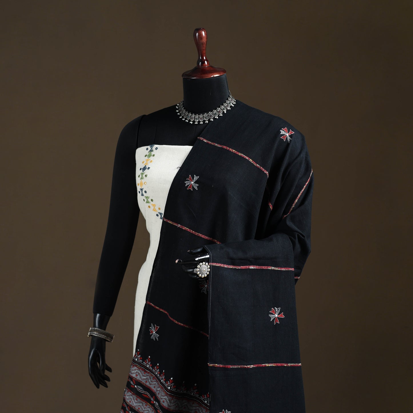 Black - Kantha Hand Embroidered Khes Handwoven Cotton Dupatta 05