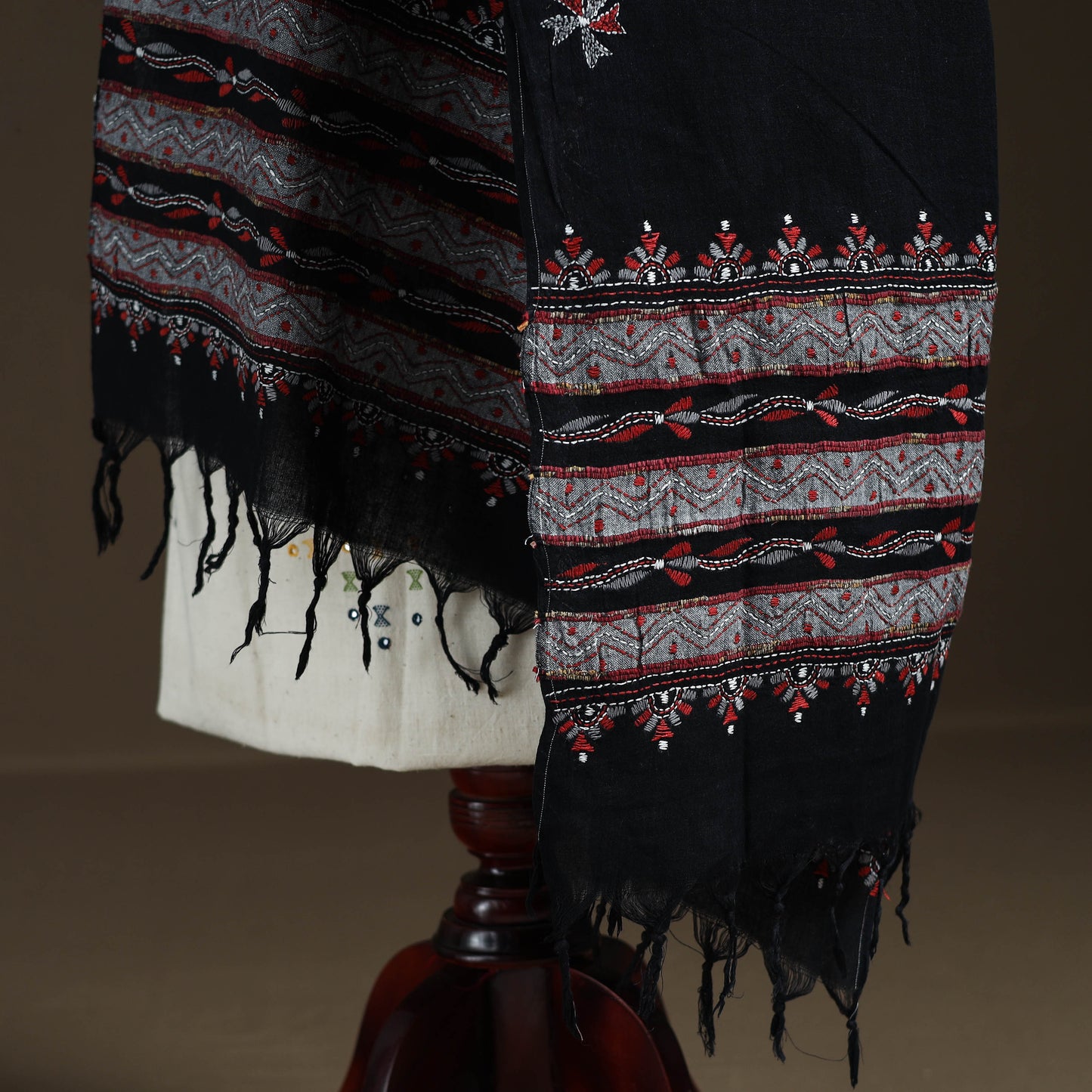 Black - Kantha Hand Embroidered Khes Handwoven Cotton Dupatta 05