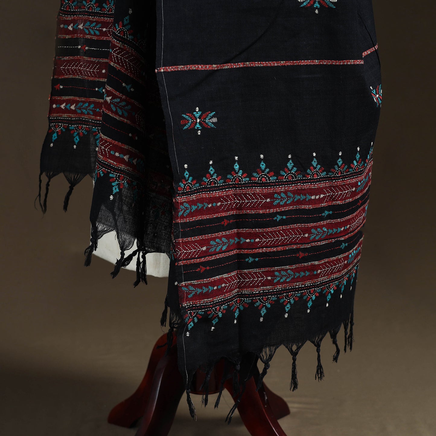 Black - Kantha Hand Embroidered Khes Handwoven Cotton Dupatta 06