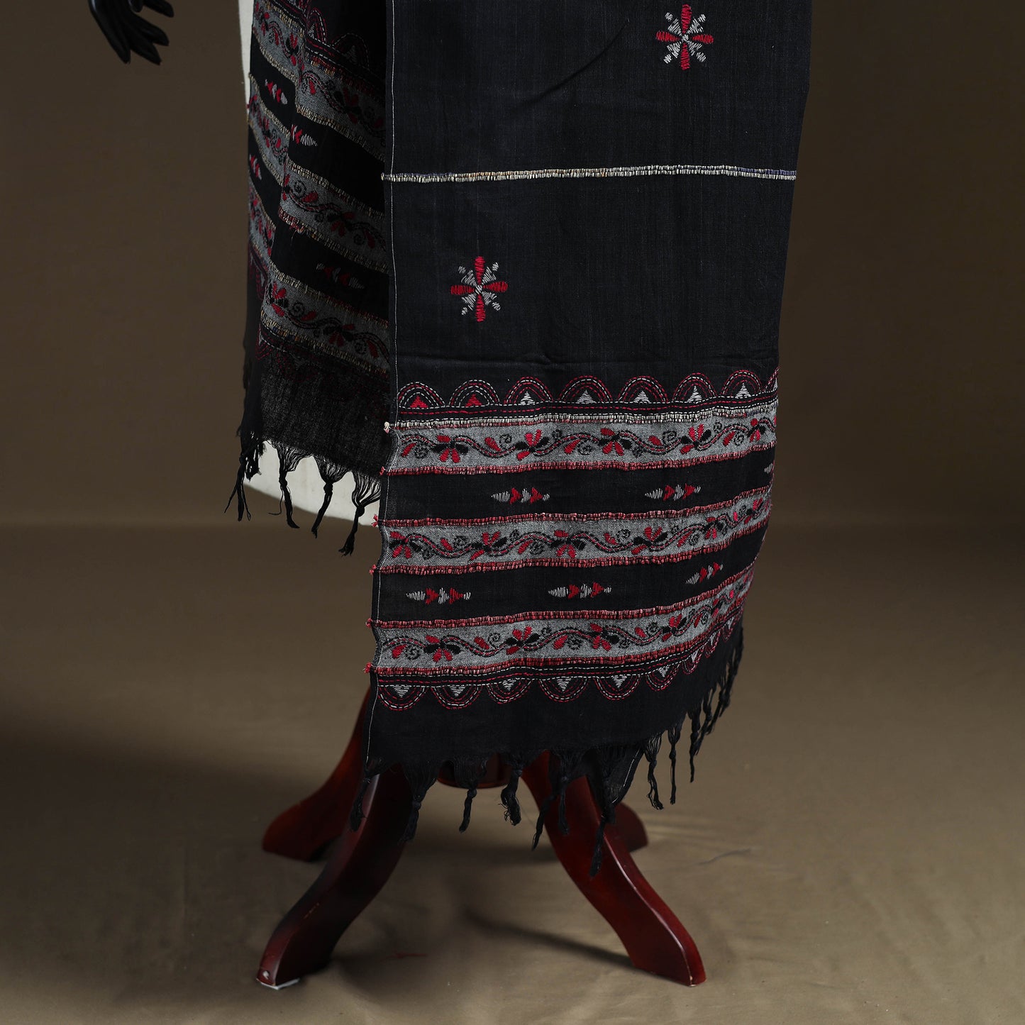 Black - Kantha Hand Embroidered Khes Handwoven Cotton Dupatta 07