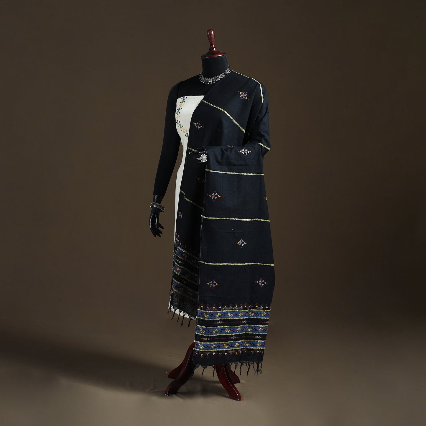 Black - Kantha Hand Embroidered Khes Handwoven Cotton Dupatta 14