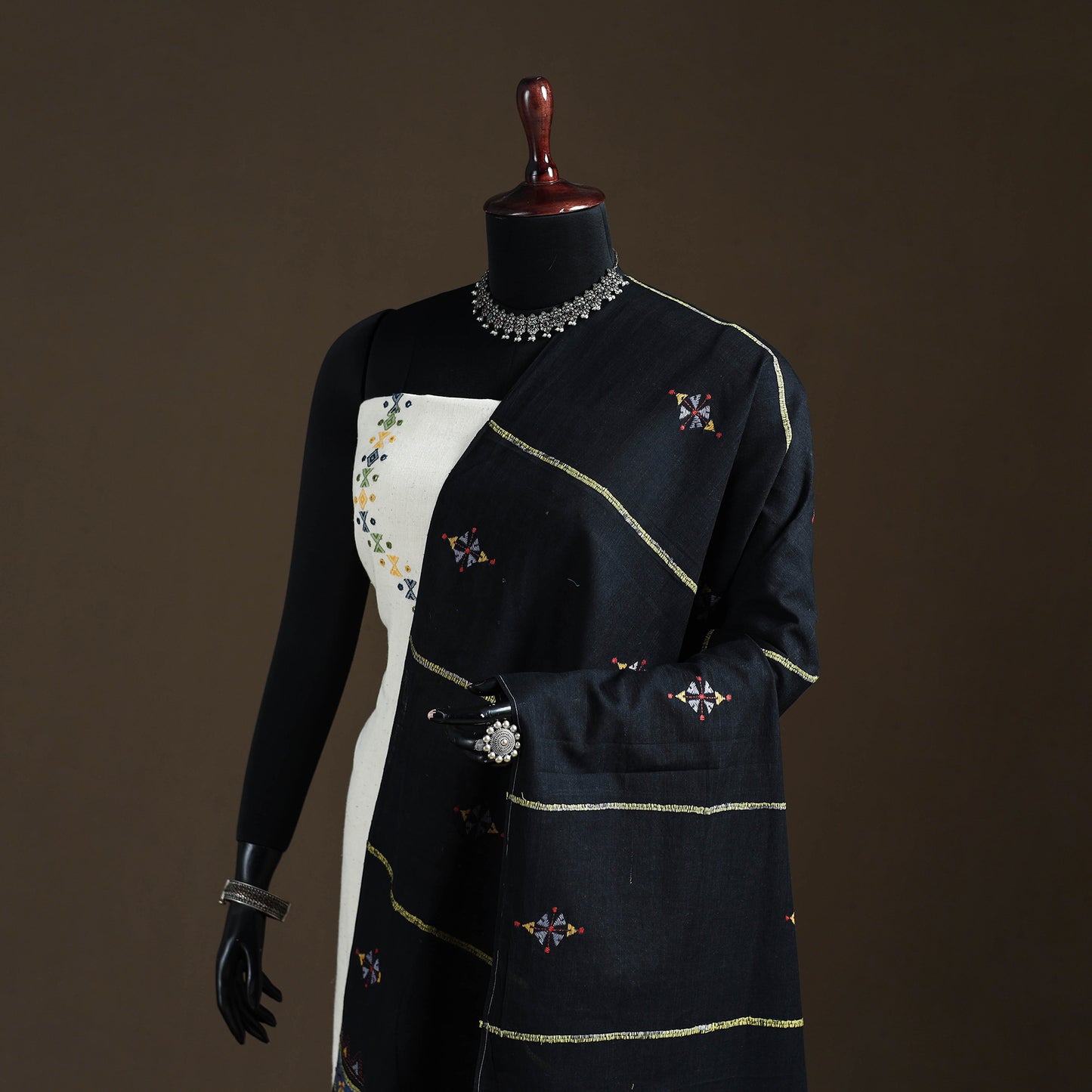 Black - Kantha Hand Embroidered Khes Handwoven Cotton Dupatta 14