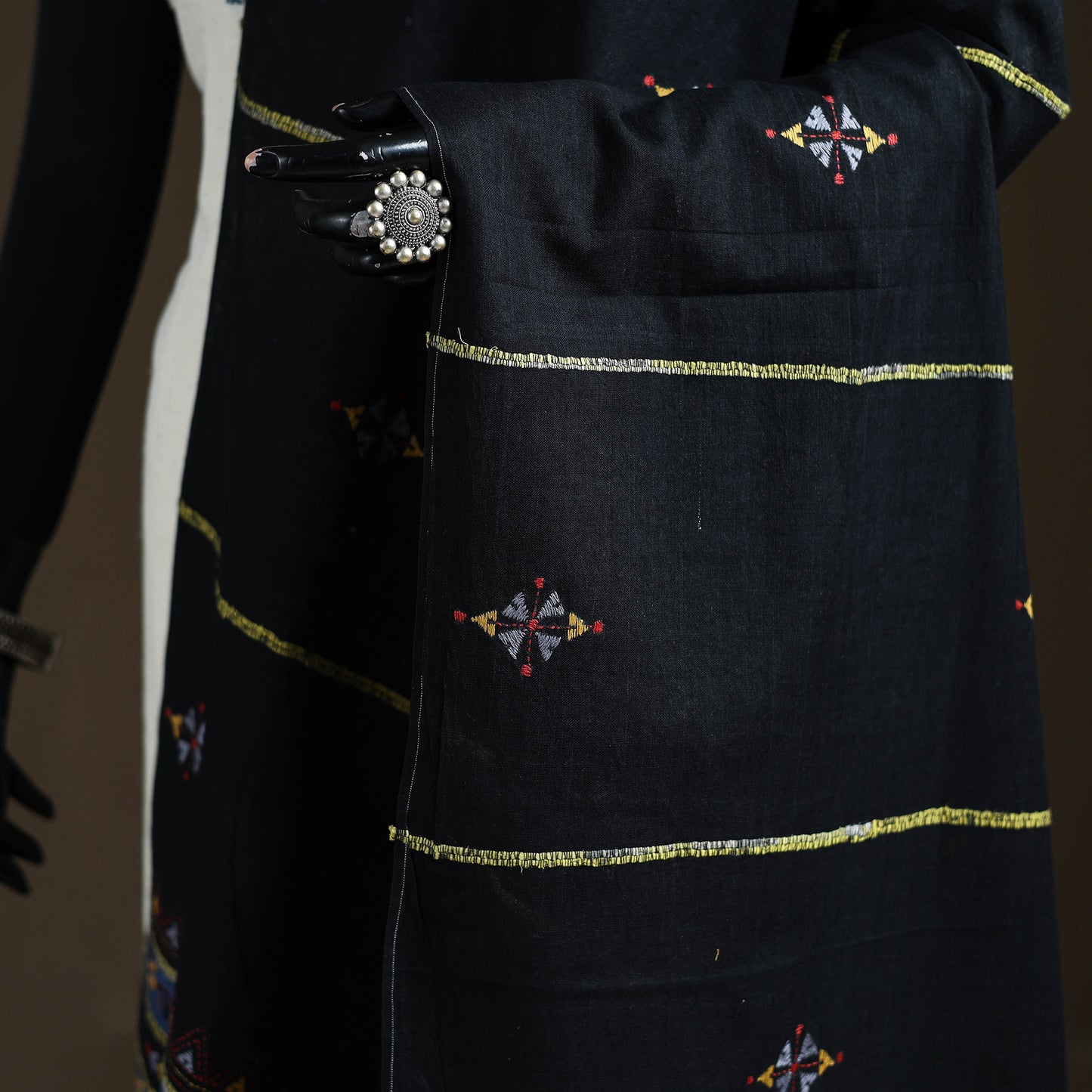 Black - Kantha Hand Embroidered Khes Handwoven Cotton Dupatta 14