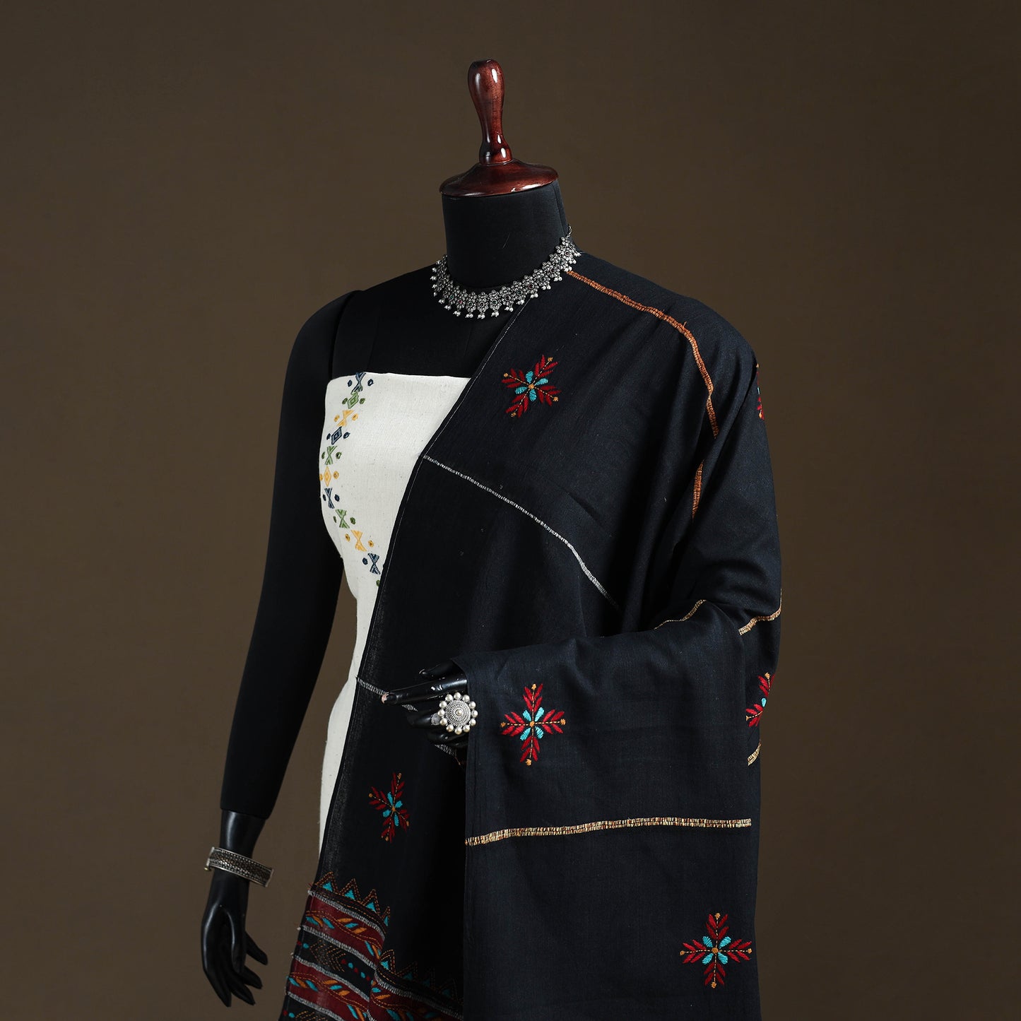 Black - Kantha Hand Embroidered Khes Handwoven Cotton Dupatta 15