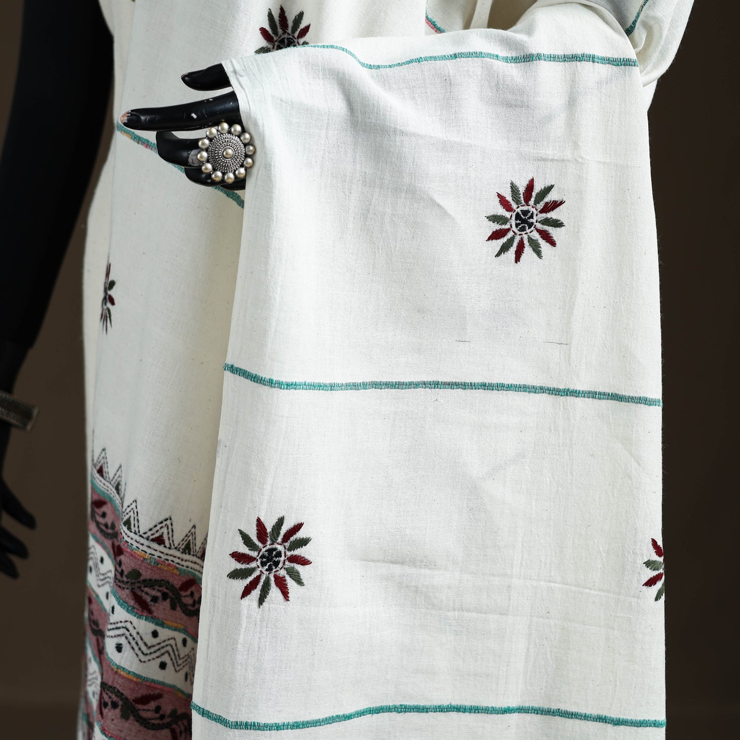 White - Kantha Hand Embroidered Khes Handwoven Cotton Dupatta 21