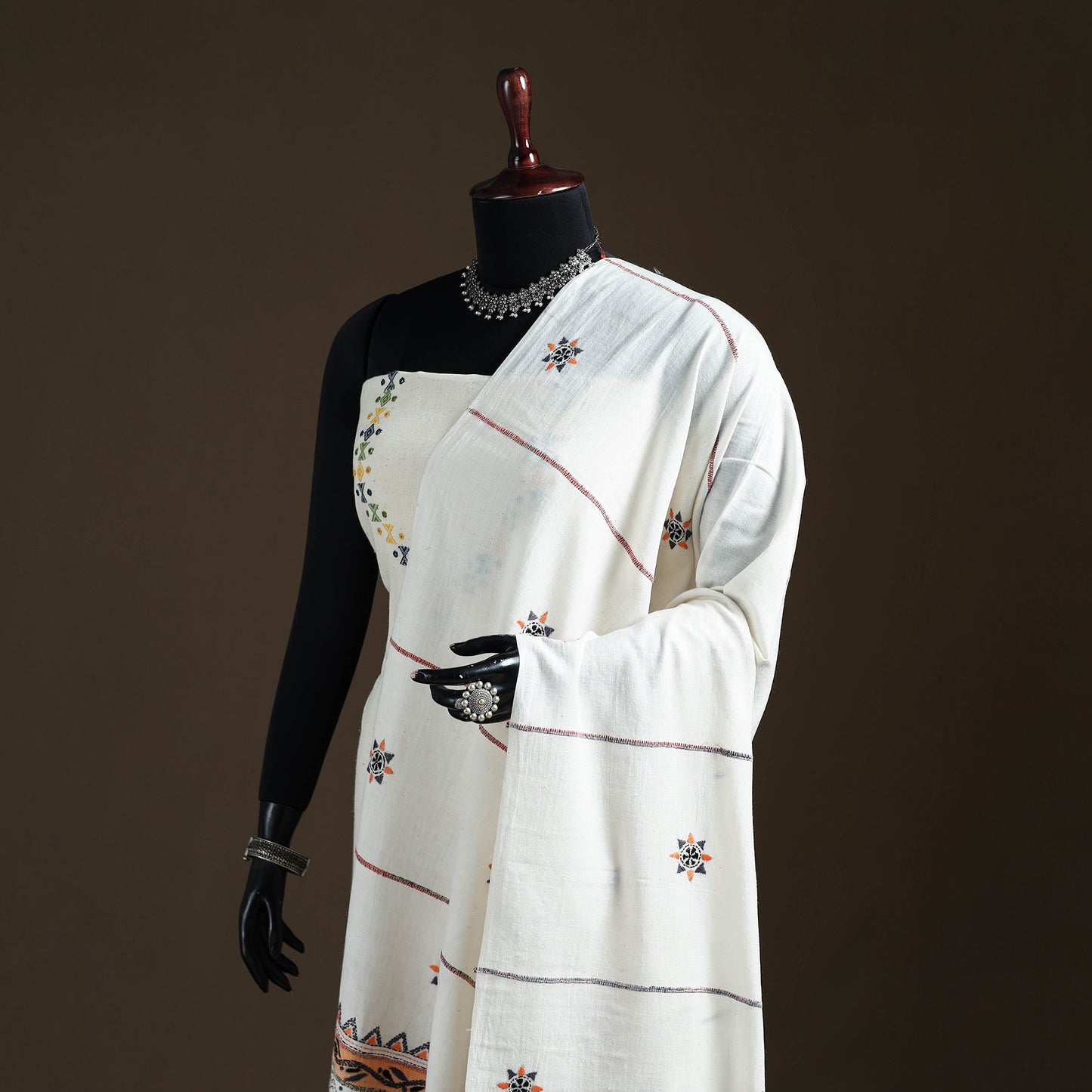 White - Kantha Hand Embroidered Khes Handwoven Cotton Dupatta 23