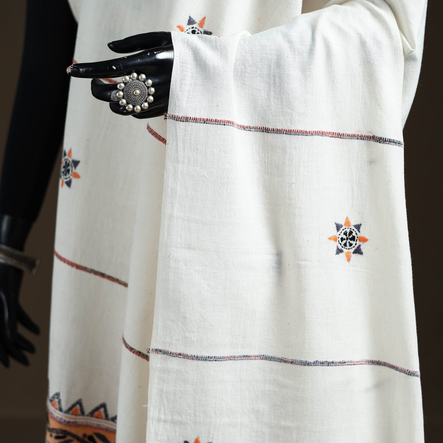 White - Kantha Hand Embroidered Khes Handwoven Cotton Dupatta 23