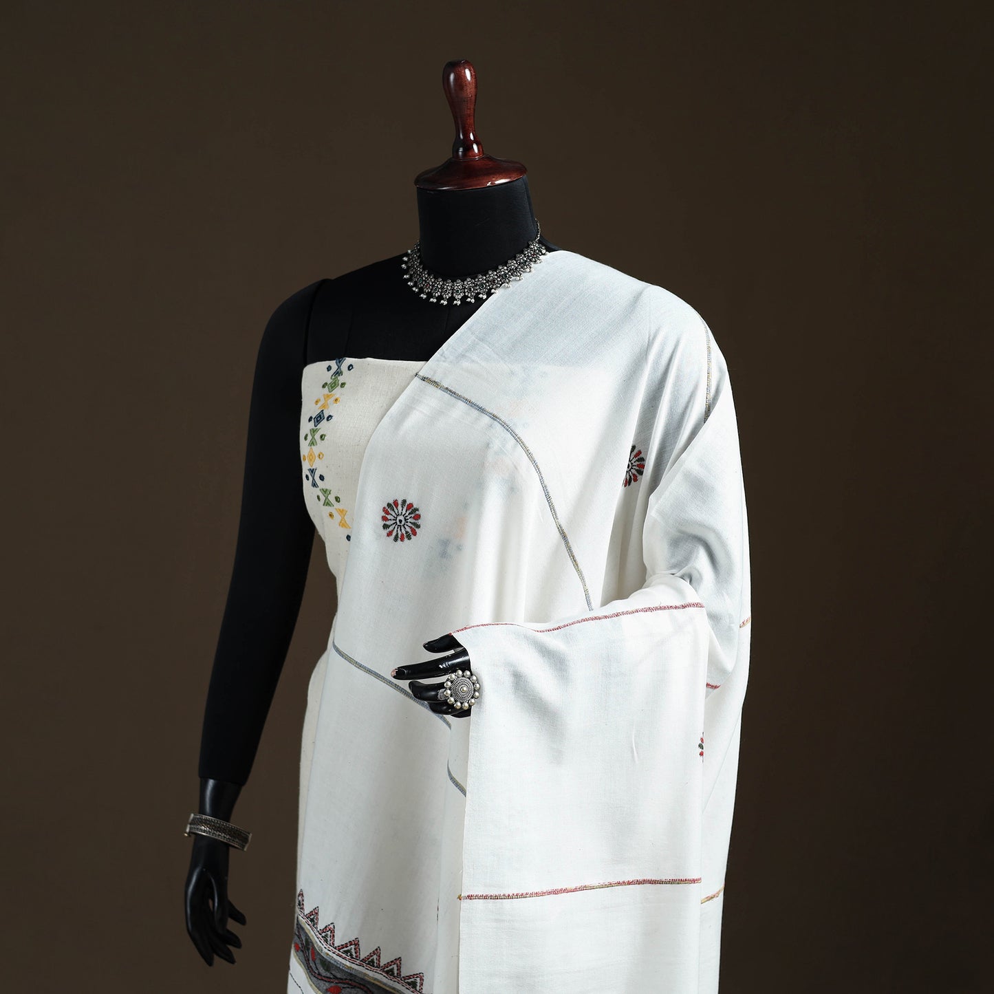 White - Kantha Hand Embroidered Khes Handwoven Cotton Dupatta 24
