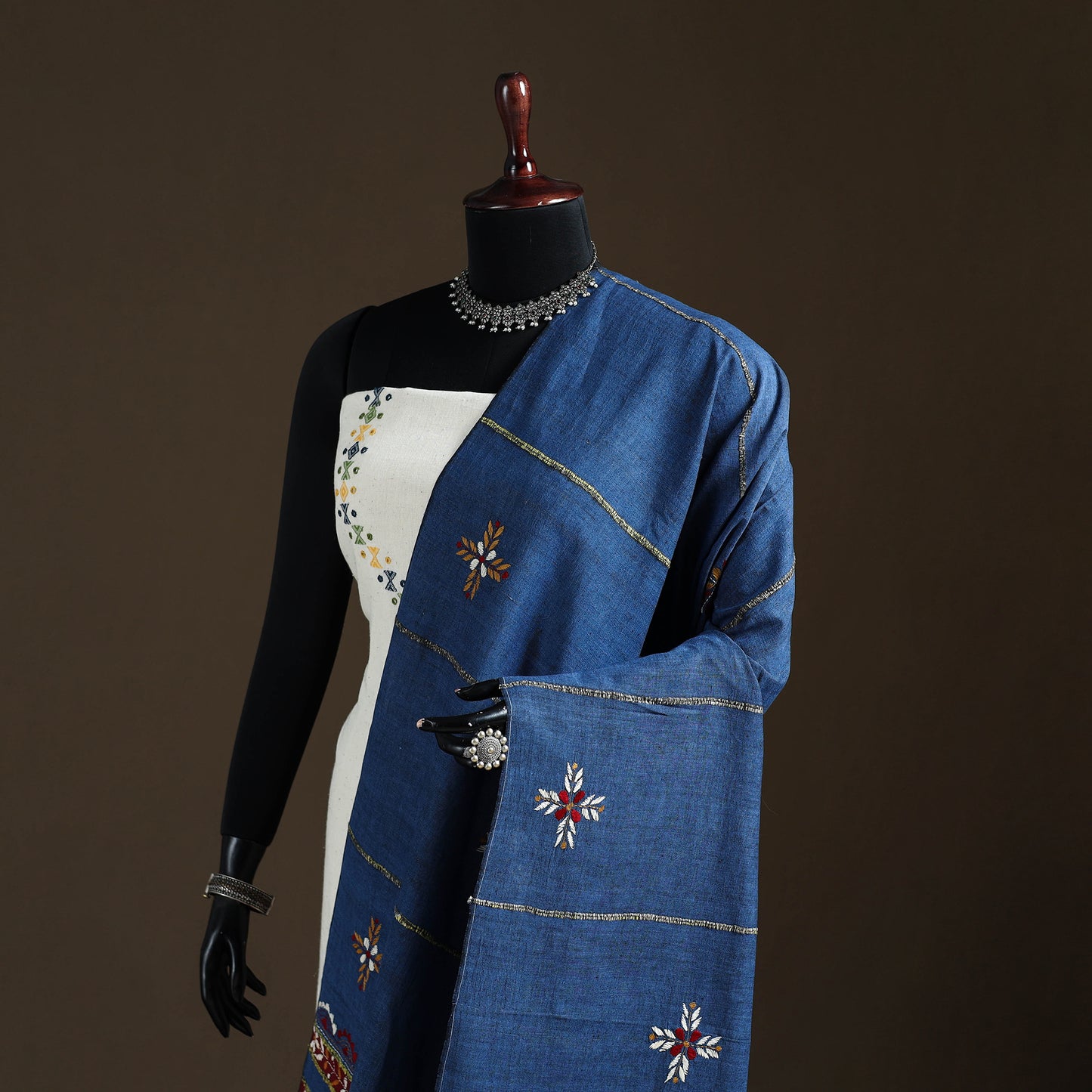 Blue - Kantha Hand Embroidered Khes Handwoven Cotton Dupatta 30
