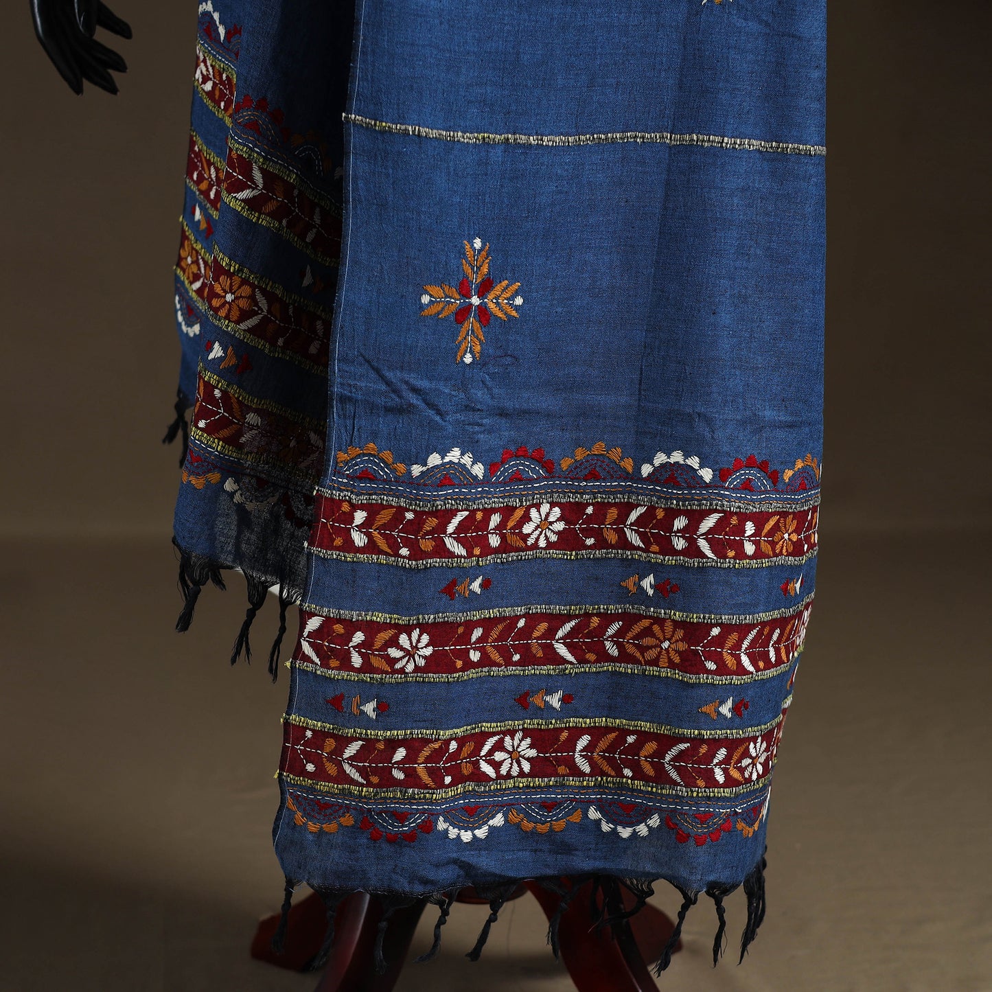Blue - Kantha Hand Embroidered Khes Handwoven Cotton Dupatta 30