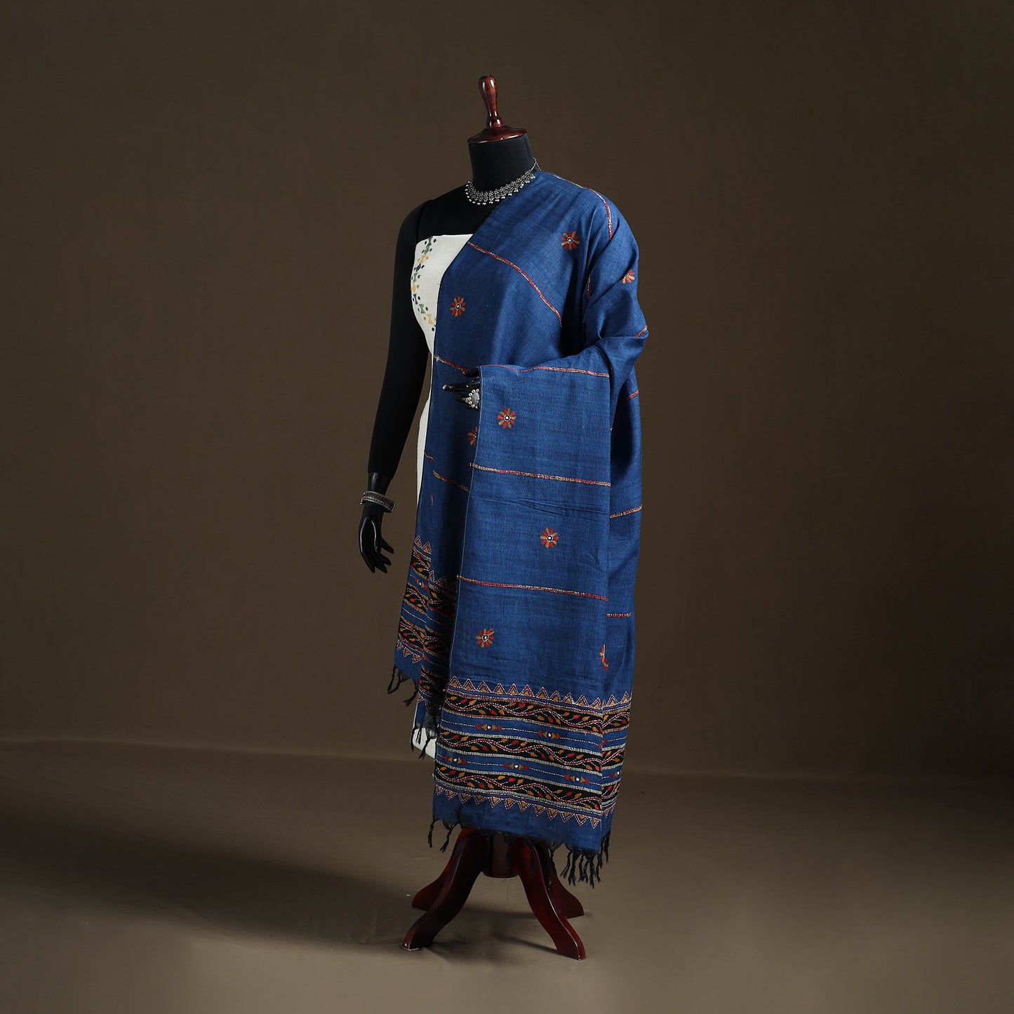 Blue - Kantha Hand Embroidered Khes Handwoven Cotton Dupatta 31