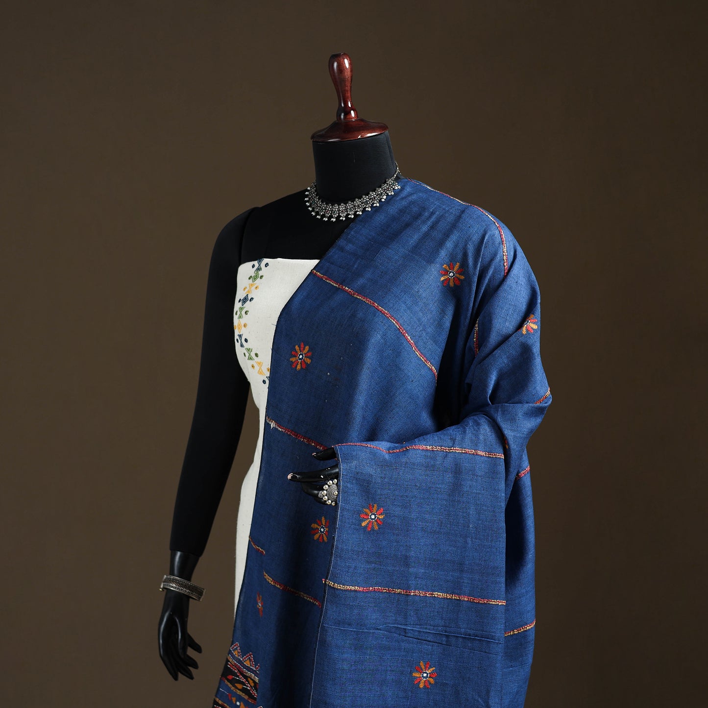 Blue - Kantha Hand Embroidered Khes Handwoven Cotton Dupatta 31