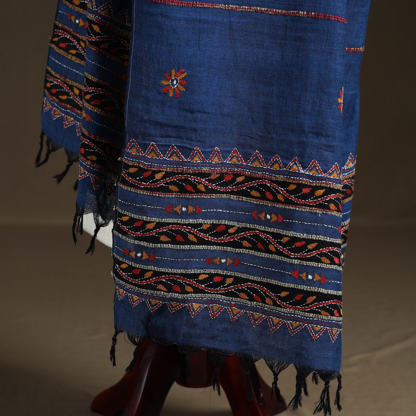 Blue - Kantha Hand Embroidered Khes Handwoven Cotton Dupatta 31