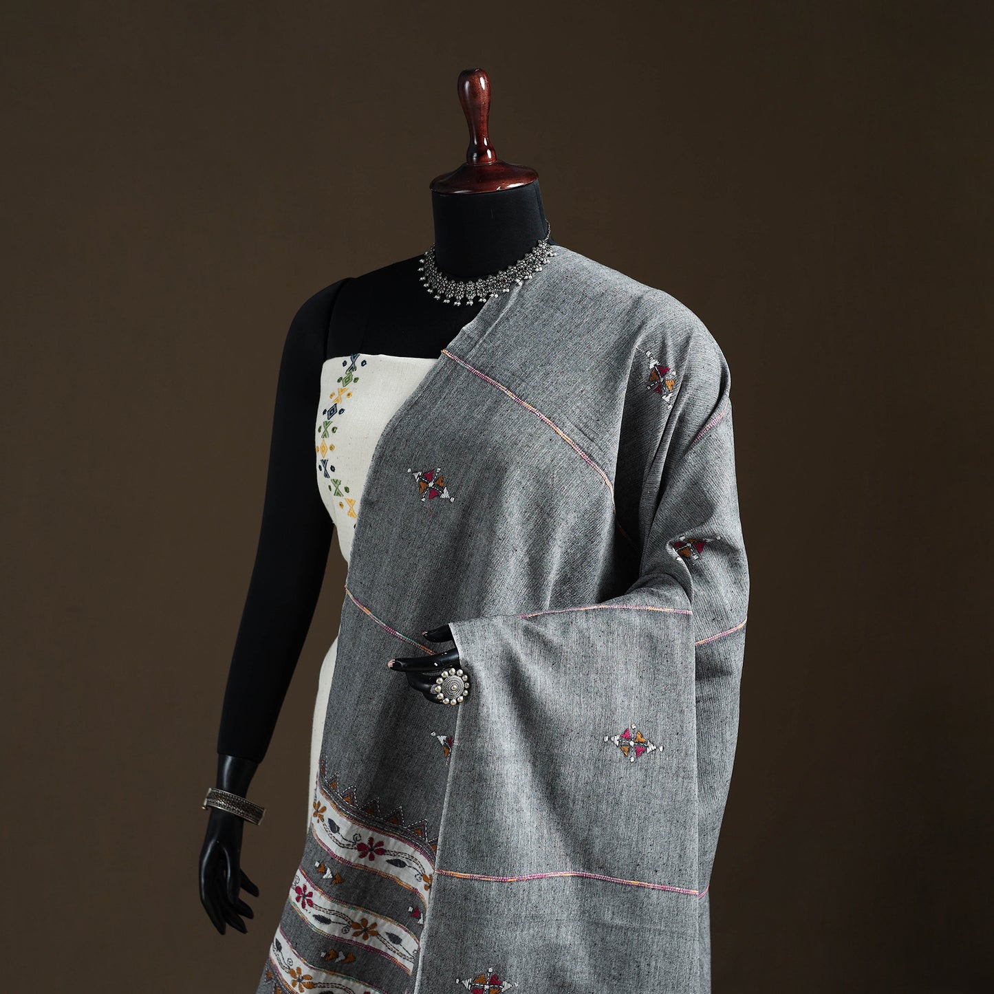 Kantha Hand Embroidered Khes Handwoven Cotton Dupatta 33