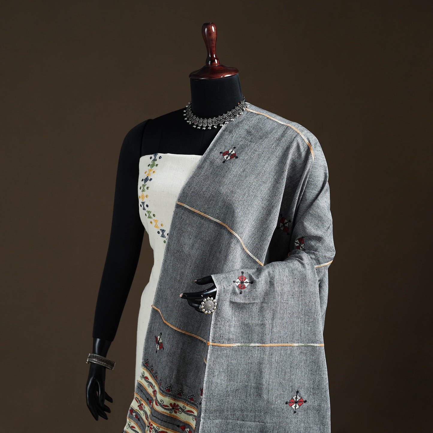 Grey - Kantha Hand Embroidered Khes Handwoven Cotton Dupatta 34